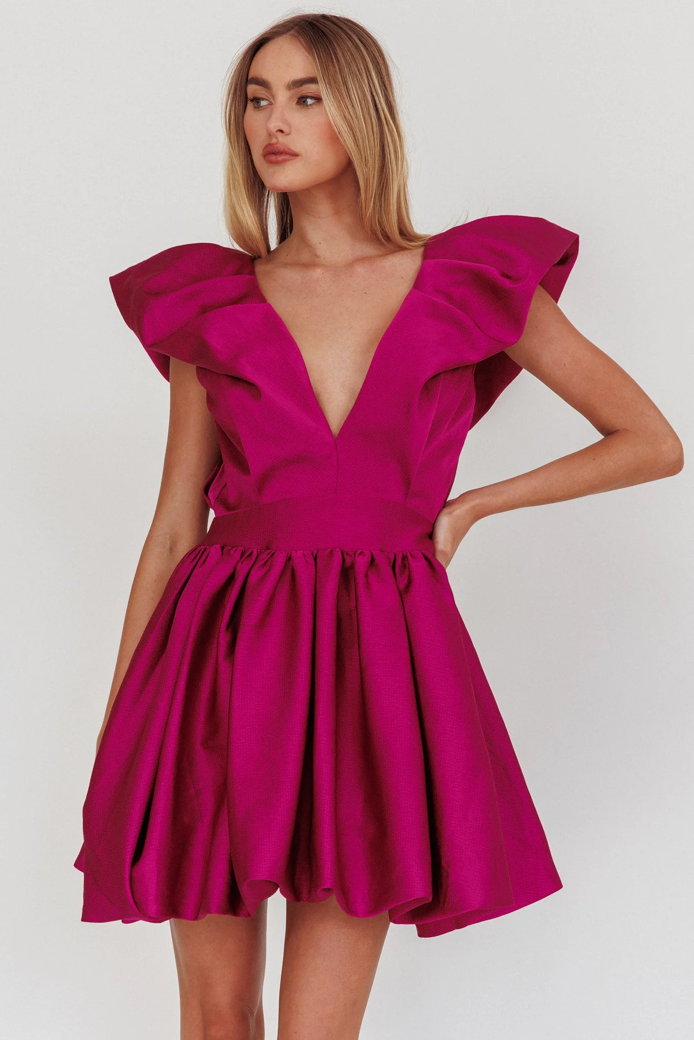 Hidden Heart Bubble Hem Mini Dress Magenta - luluinthesky