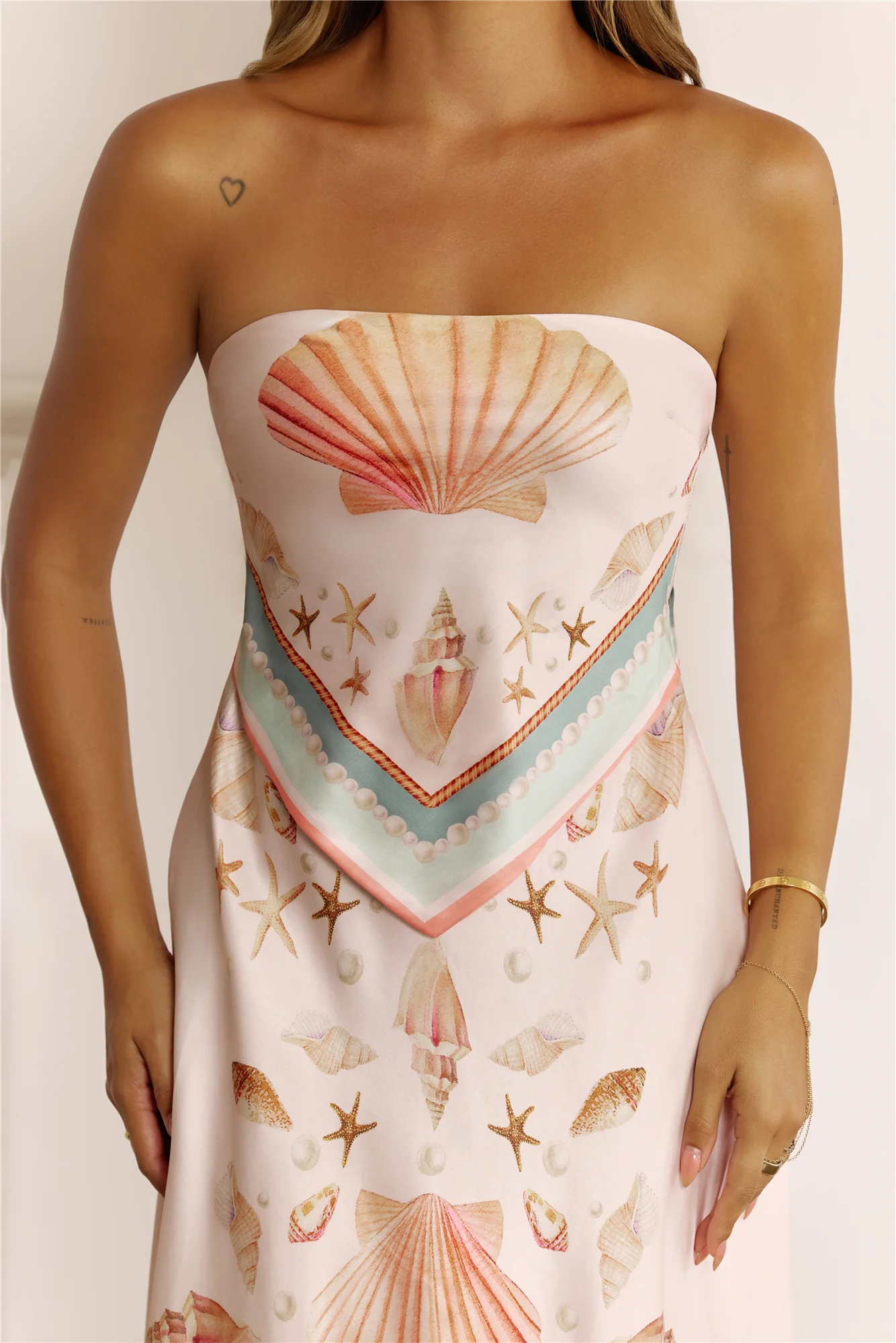 Coastal Chic Strapless Scarf Print Midi Dress Pink