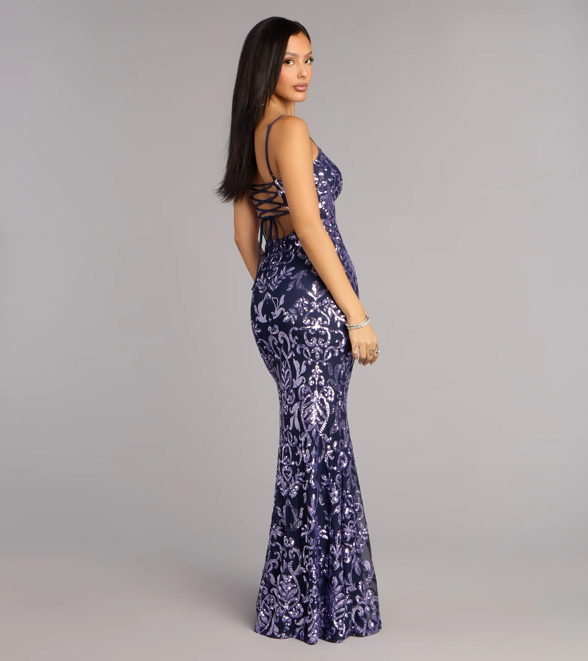 Rylee Sequin Lace-Up Formal Dress