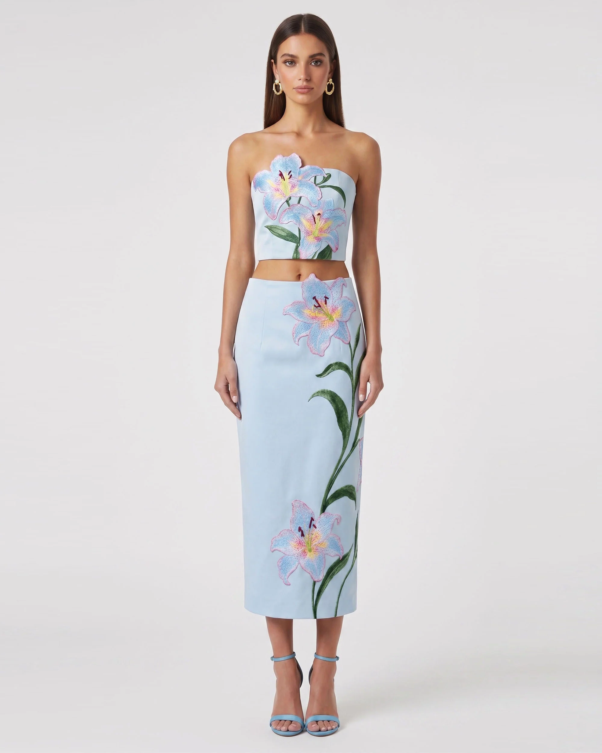 Lily Floral Embroidered Strapless Corset Top - Light Blue