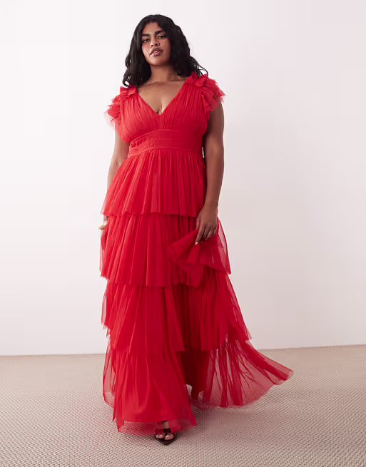 Lace & Beads Plus tulle ruffle detail tiered maxi dress in red