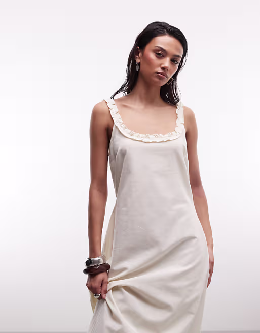 COLLUSION square neck frill detail midi dress in oatmeal