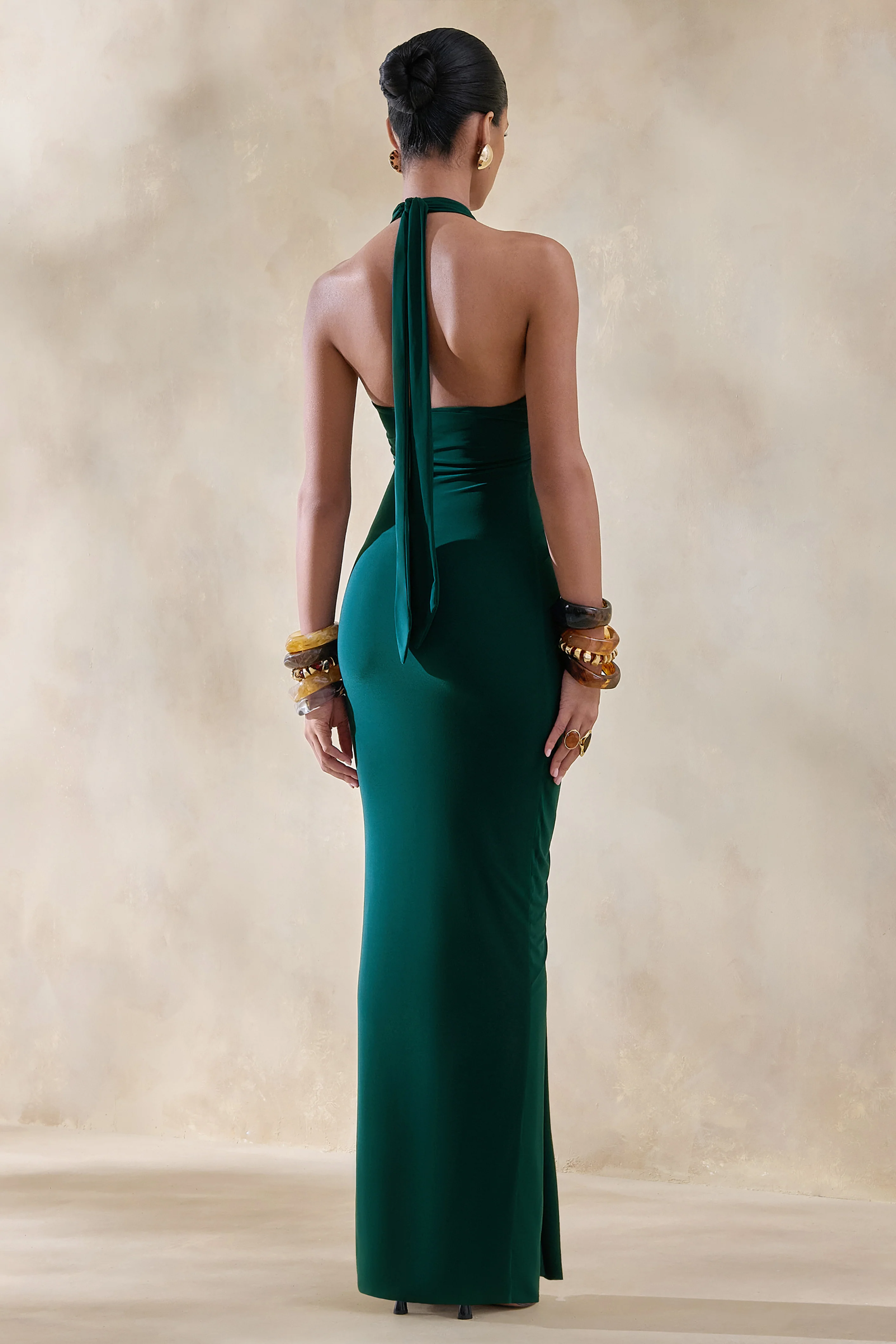 Lesley | Bottle Green Plunge-Neck Maxi Dress