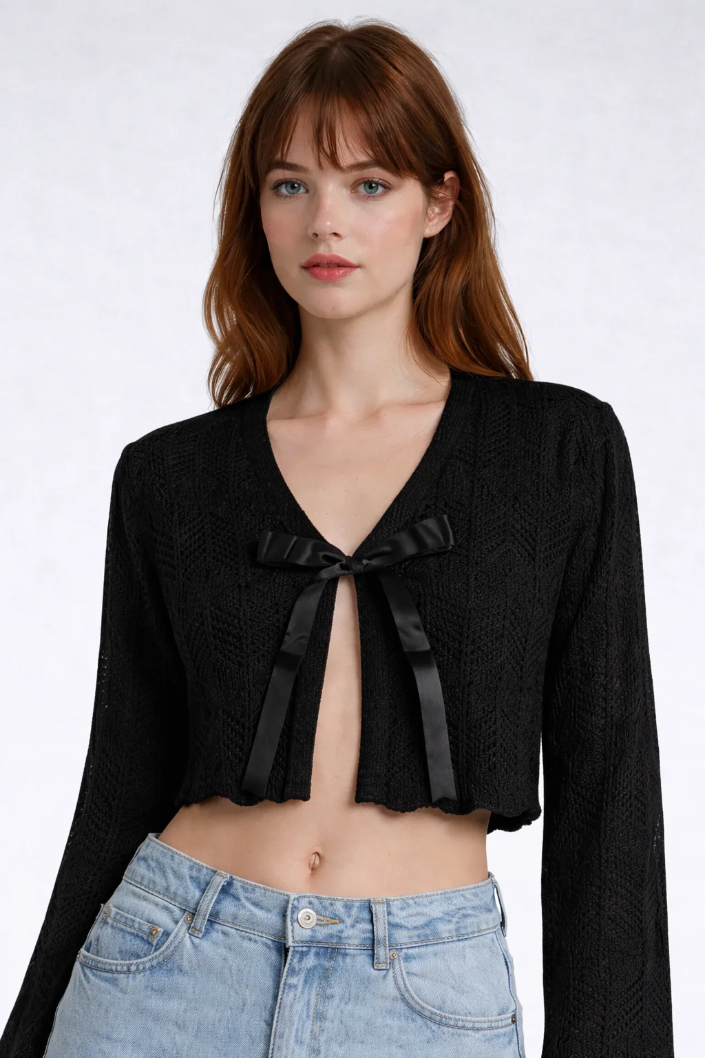 Open-Front Pointelle Bow Cardigan