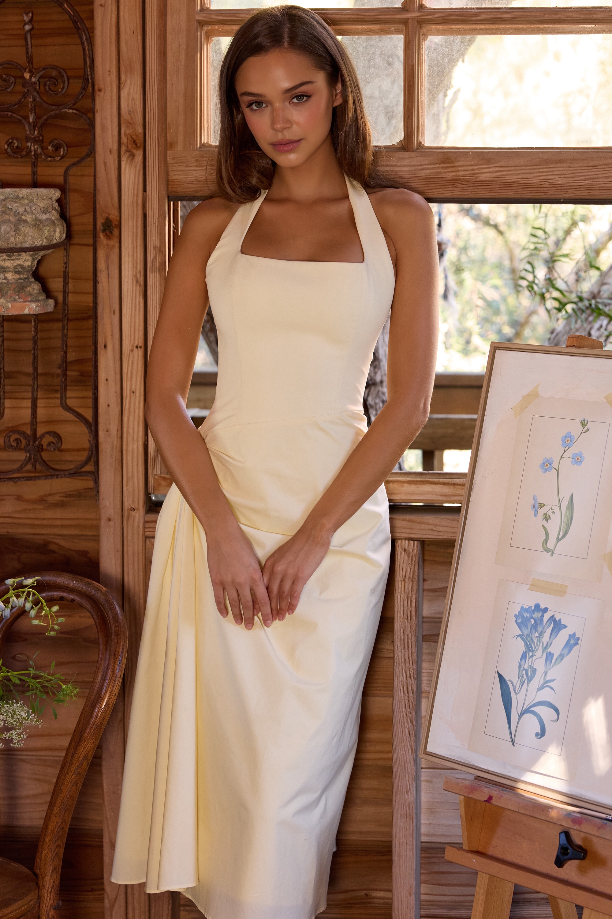 lemon halter neck cotton midi dress