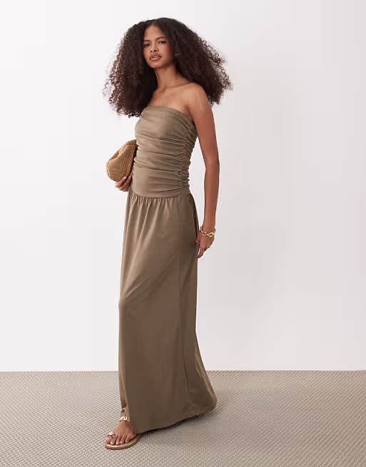 Brave Soul strapless maxi drop waist jersey dress in brown