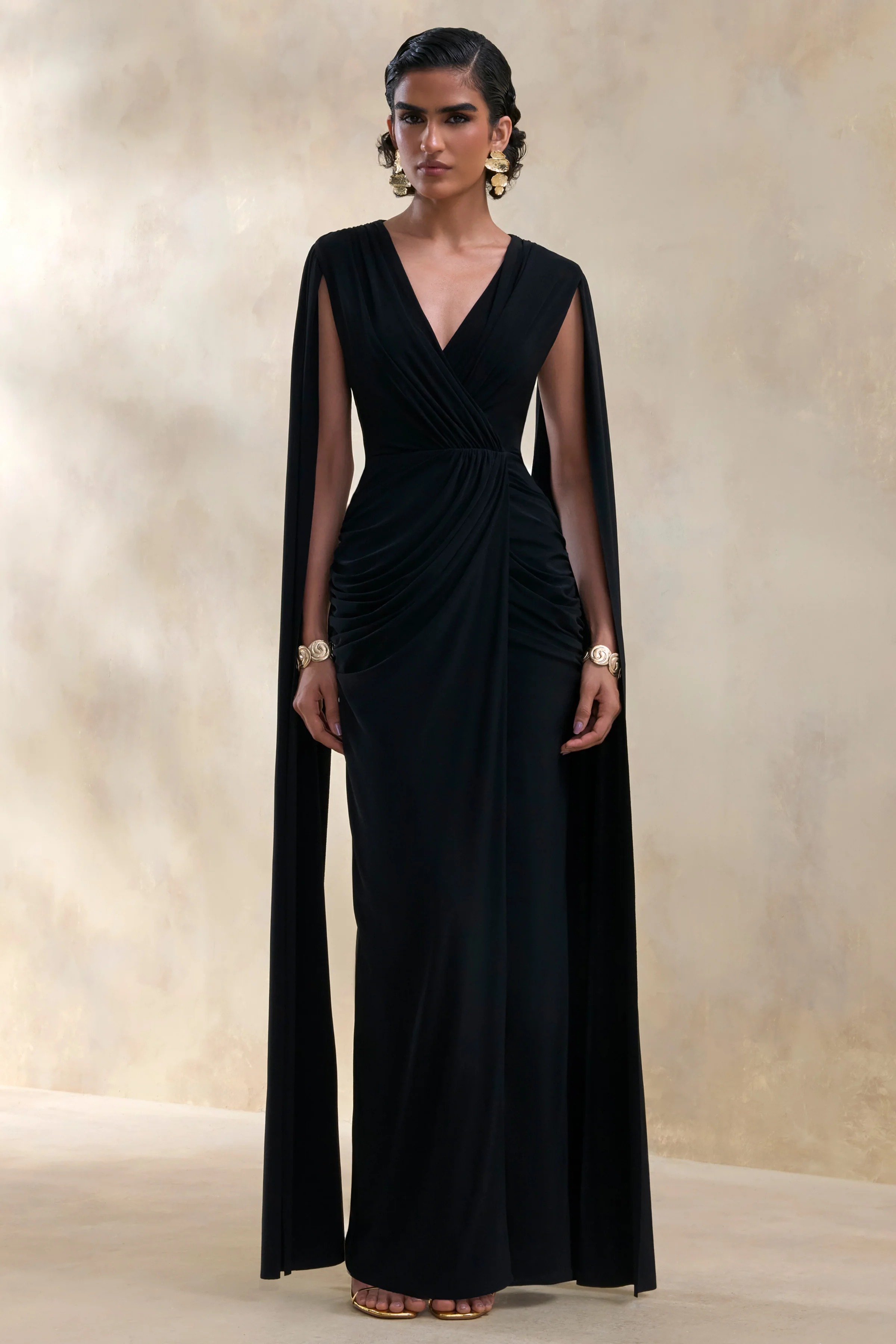 Ulissia | Black V-Neck Maxi Dress With Cape-Sleeves