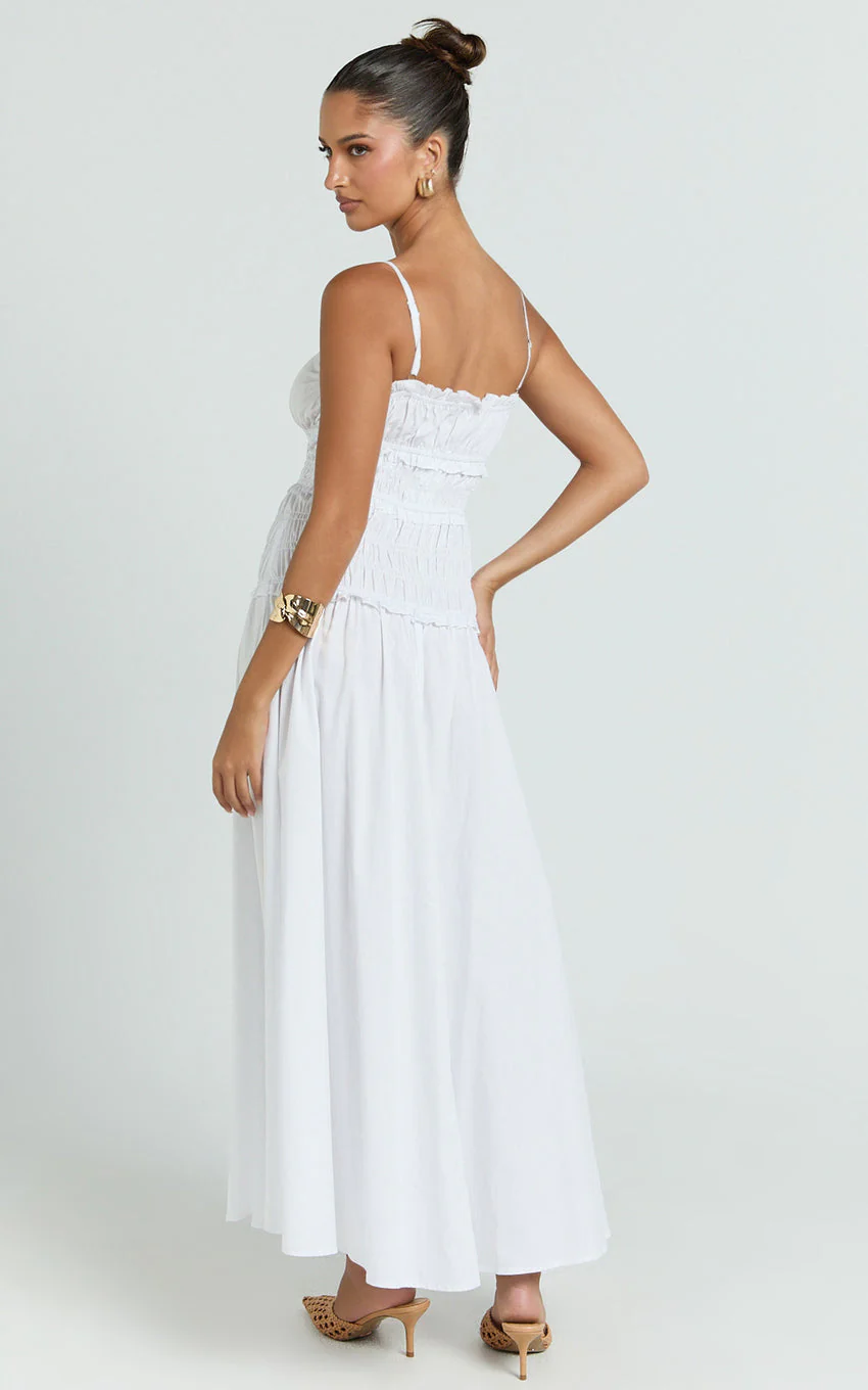 Cami Midi Dress - Rushed Bodice Dress in White - luluinthesky