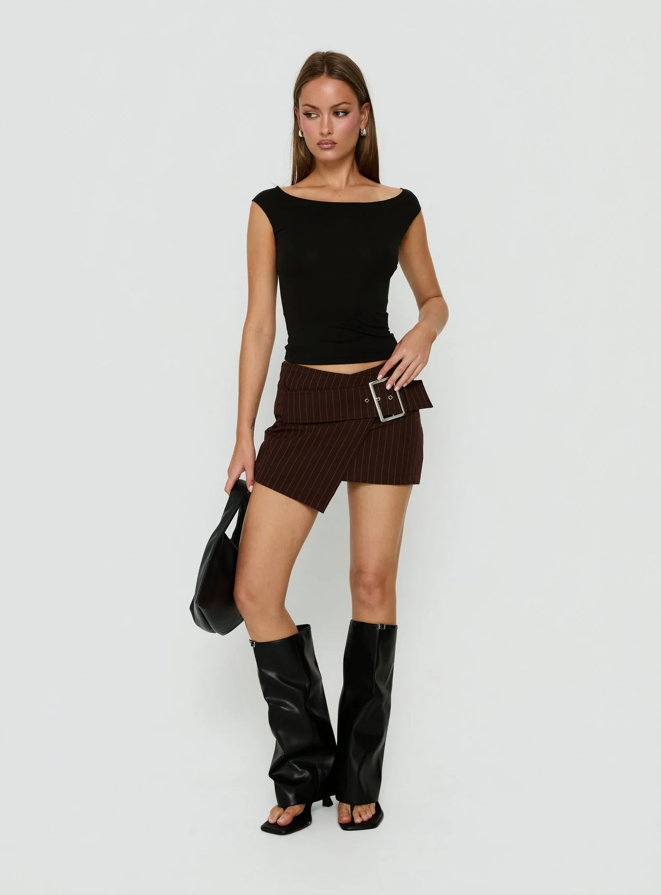 Myrienne Belted Mini Skirt Brown Pinstripe