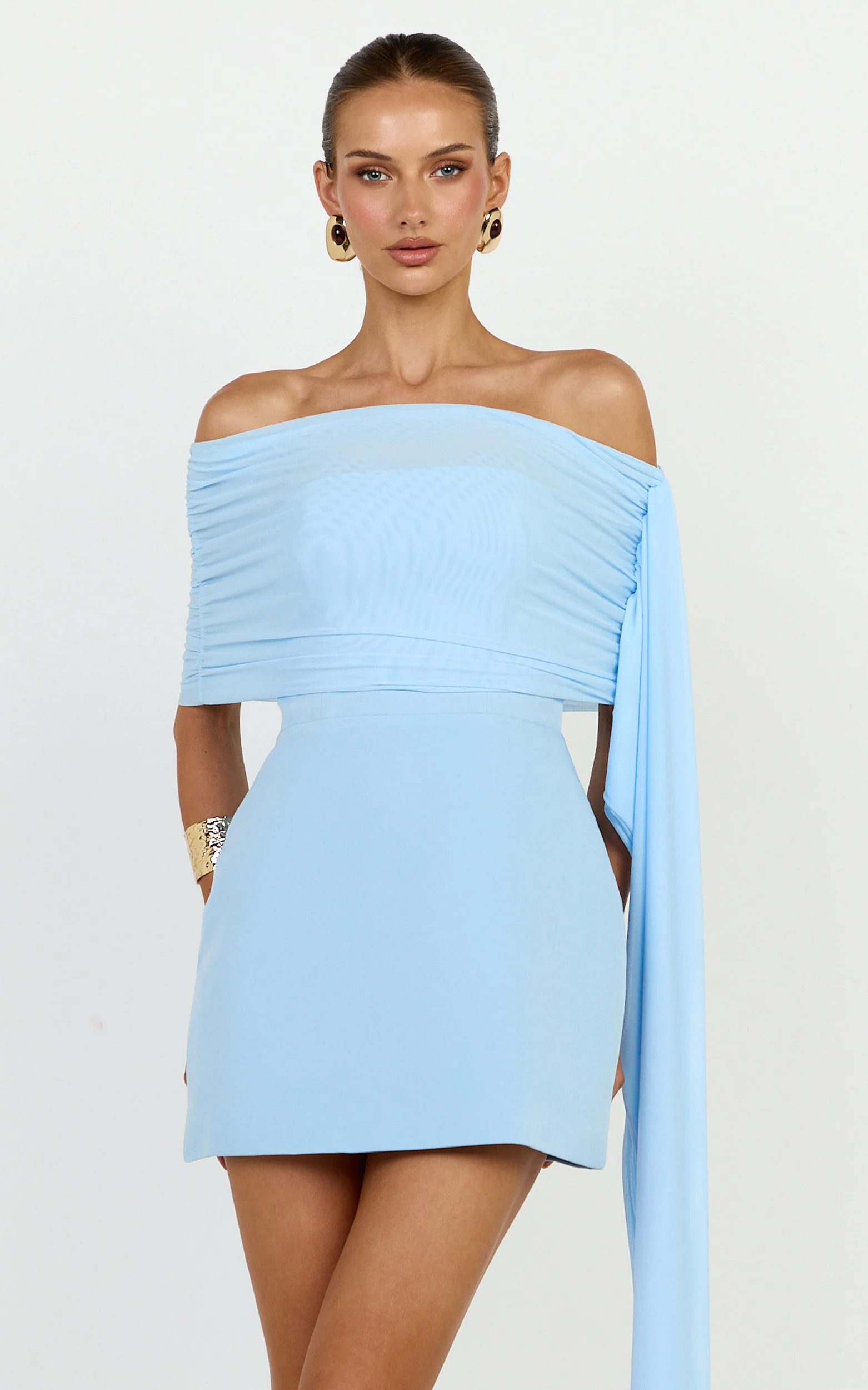 Elina Mini Dress - Off Shoulder Contrast Mesh Draped Overlay Dress in Blue