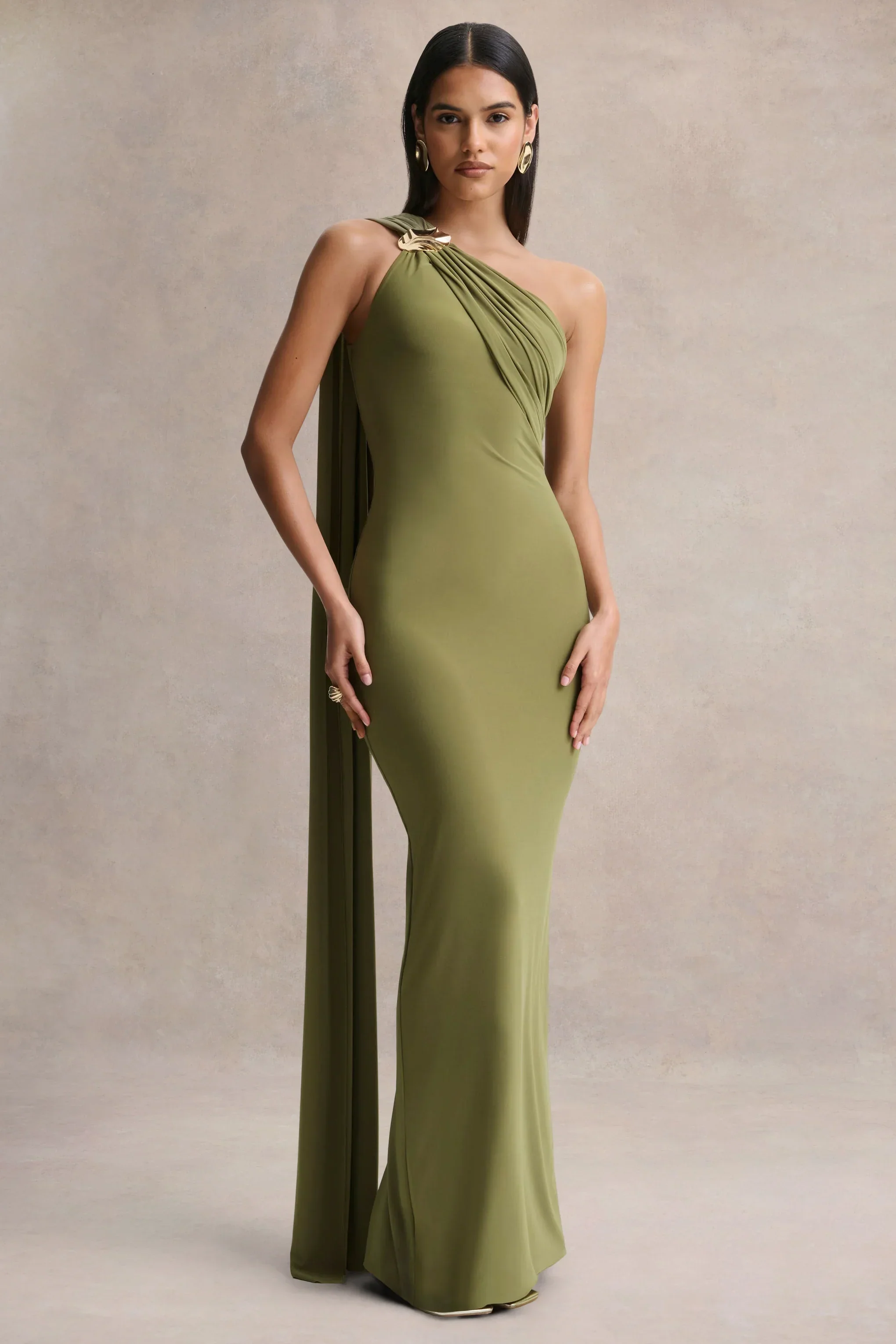 Mandy | Olive Asymmetric-Neck Maxi Dress With Gold-Detail