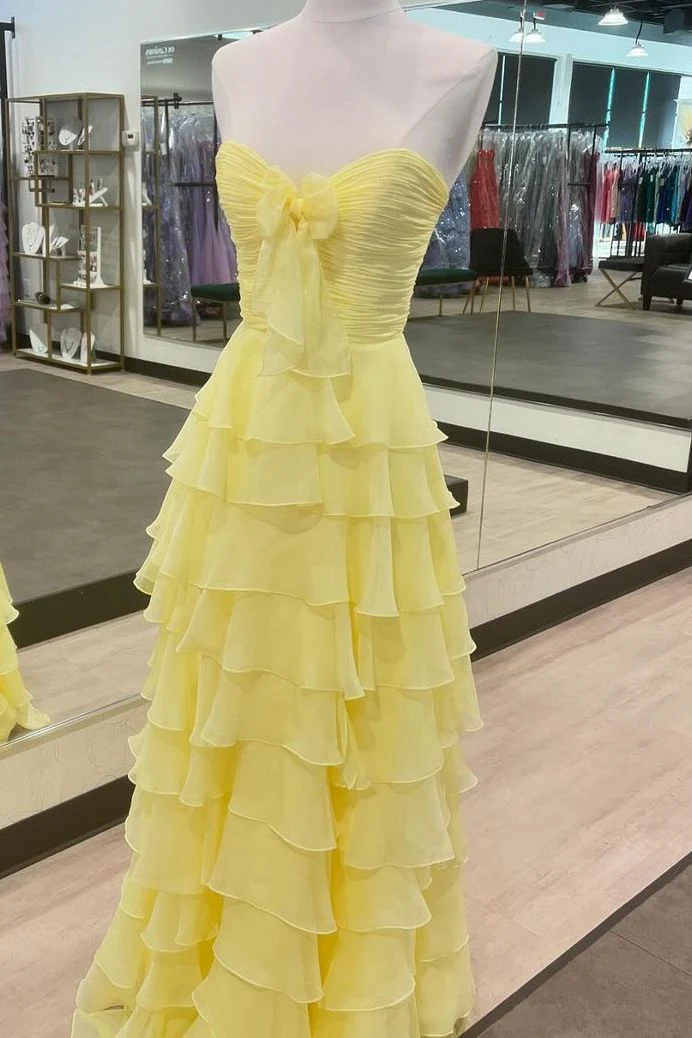 Cinizia | Chiffon Fuchsia Sweetheart Tiered Ruffles Prom Dress with Slit