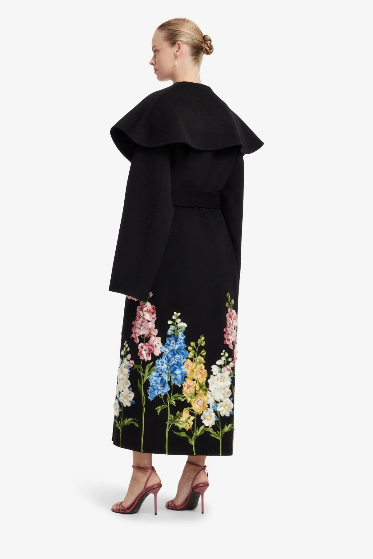 Joan Embroidered Wool Coat - Snapdragon Print in Ebony