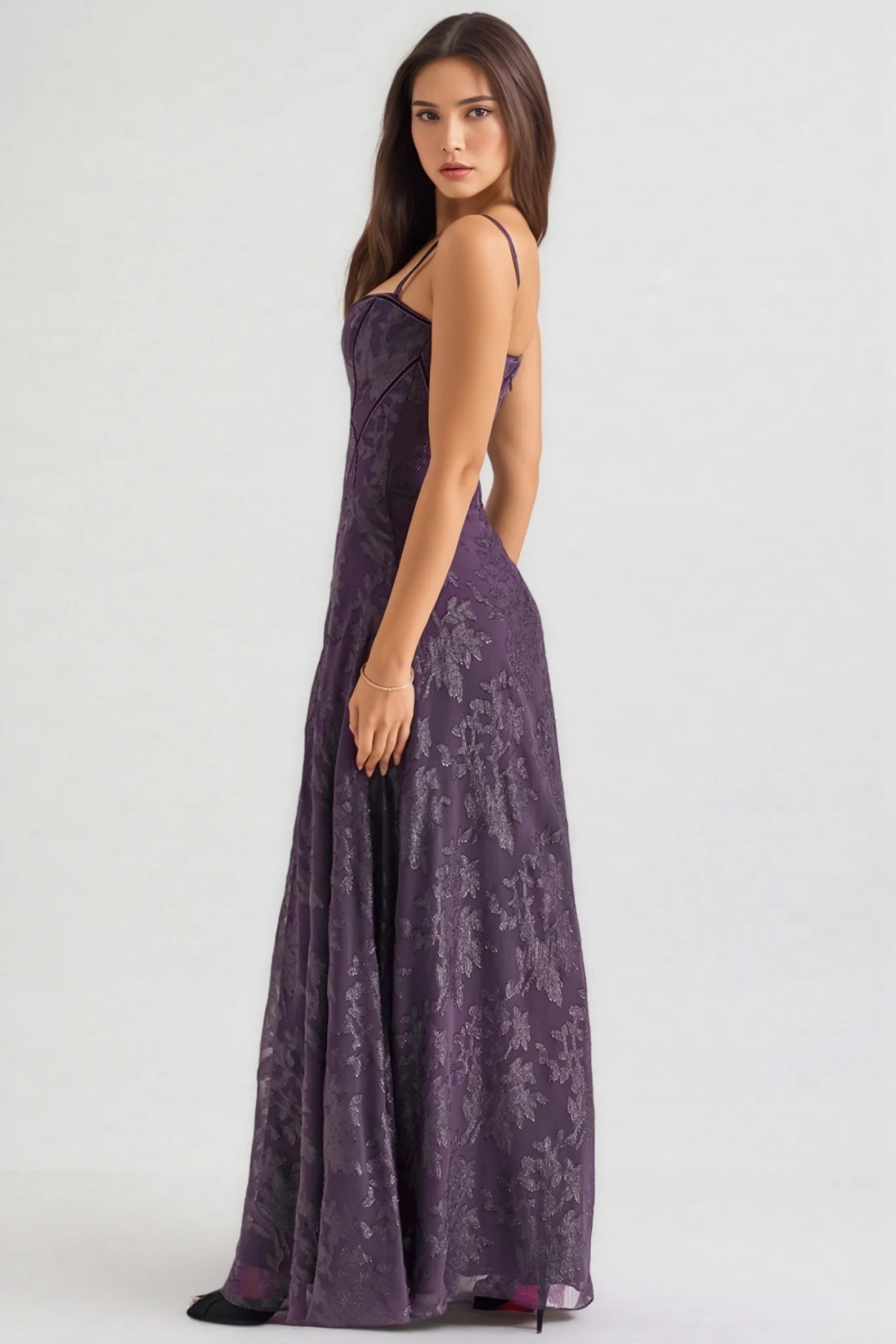 Celeste Purple Sequin Flower Lace Maxi Dress