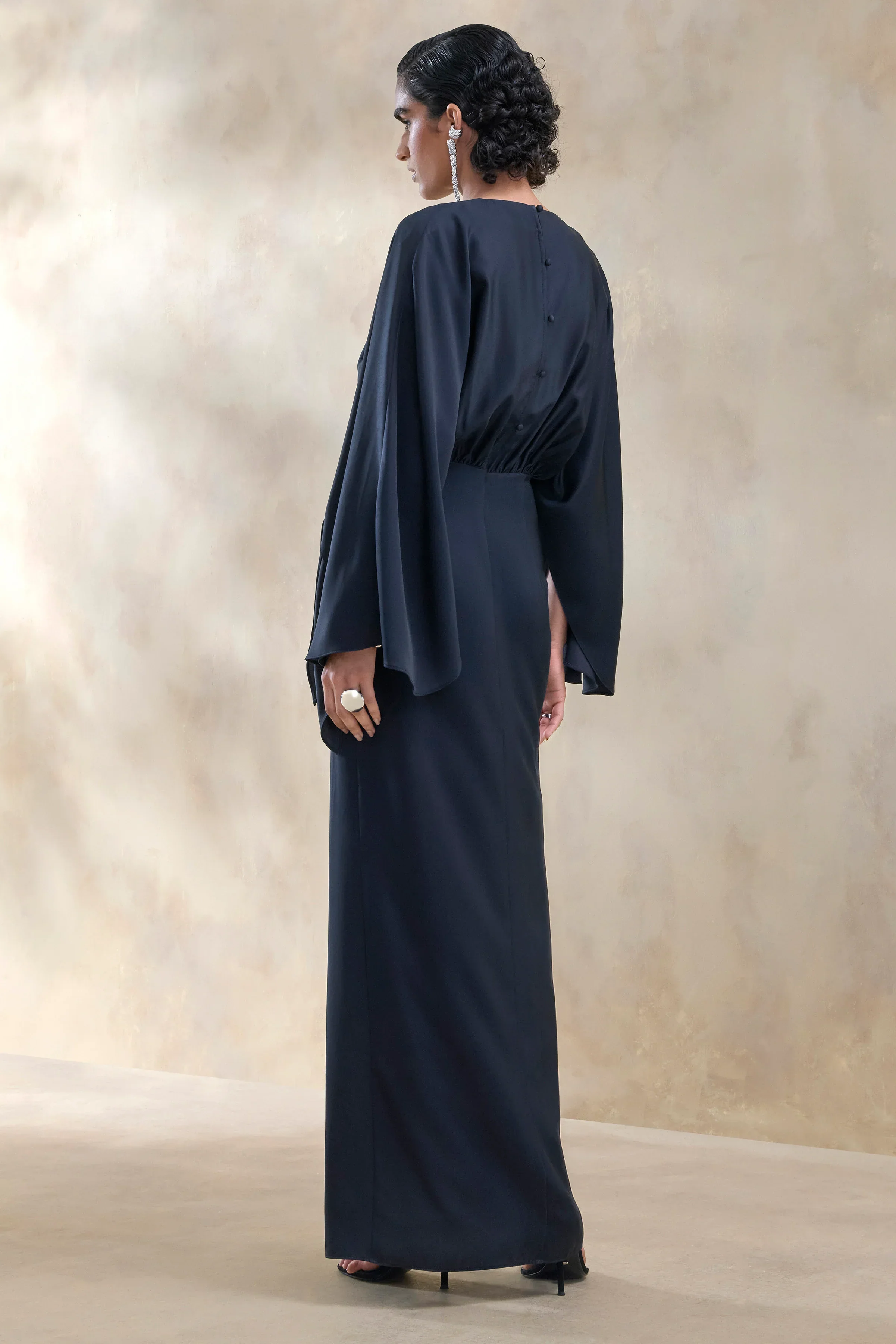 Delphina | Navy Satin Maxi Dress With Gathered And Knot-Detail