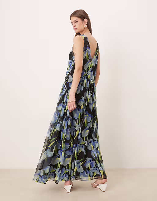 racer neck smock maxi dress in dark based floral