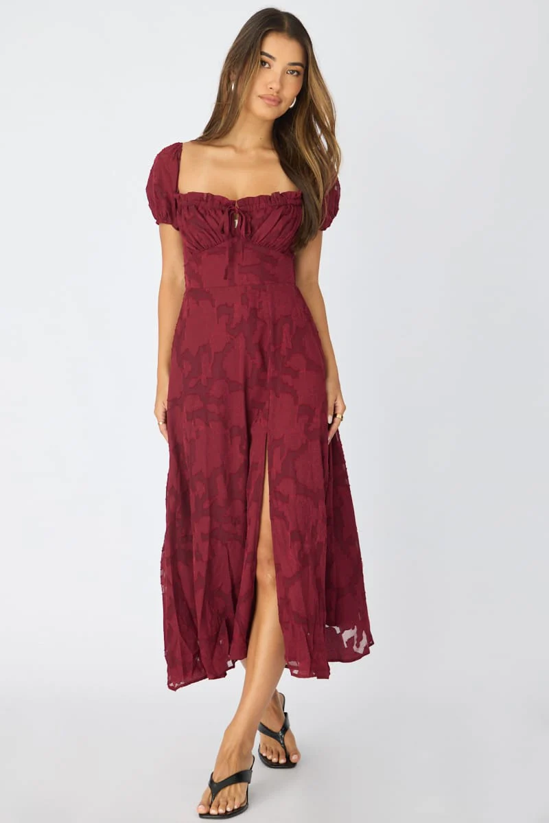 Red Midi Dress Puff Sleeve
