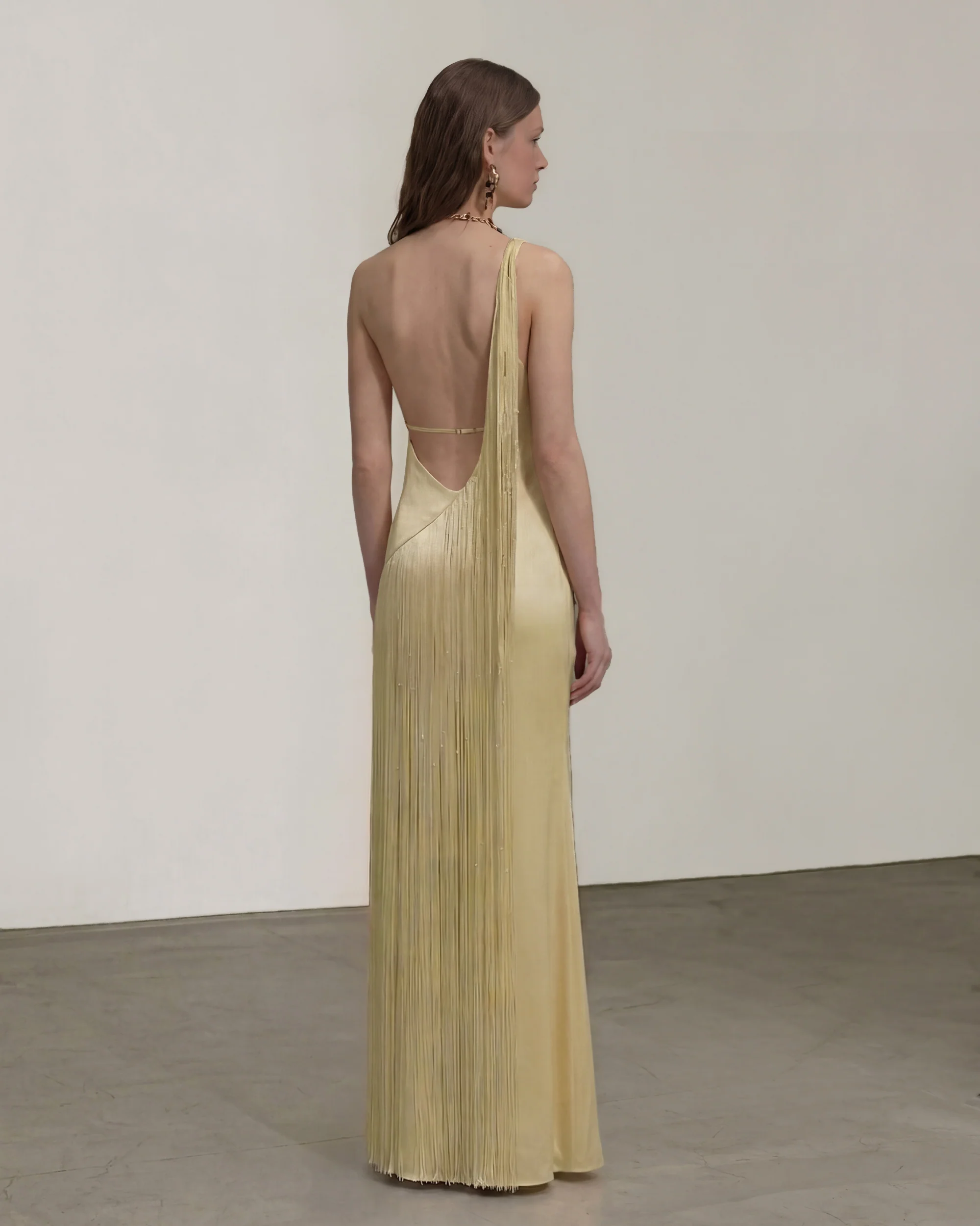 Fringe One Shoulder Maxi Dress - Champagne - FASHION NOB