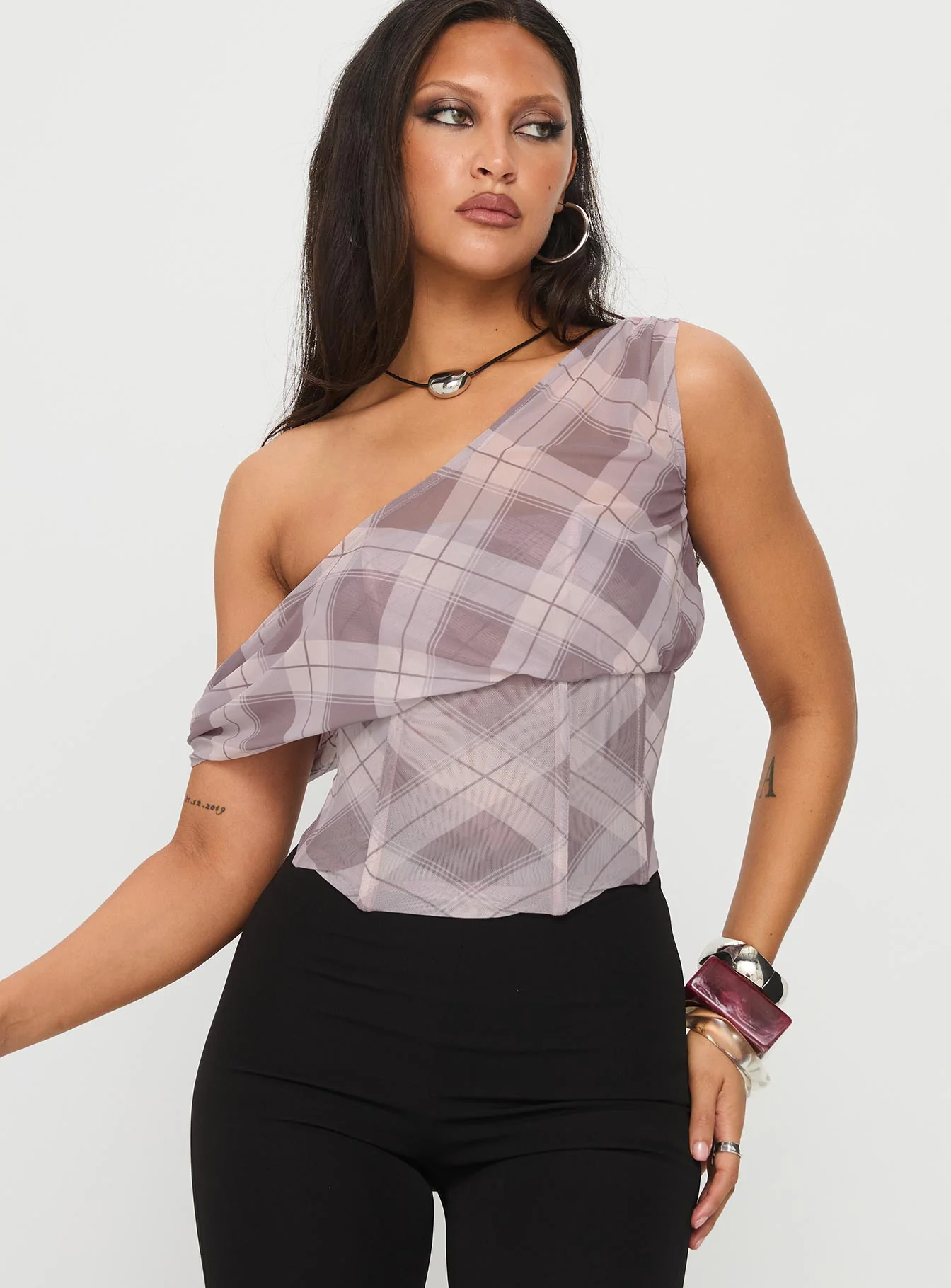 Amabelle Corset Draped Top Multi Plaid