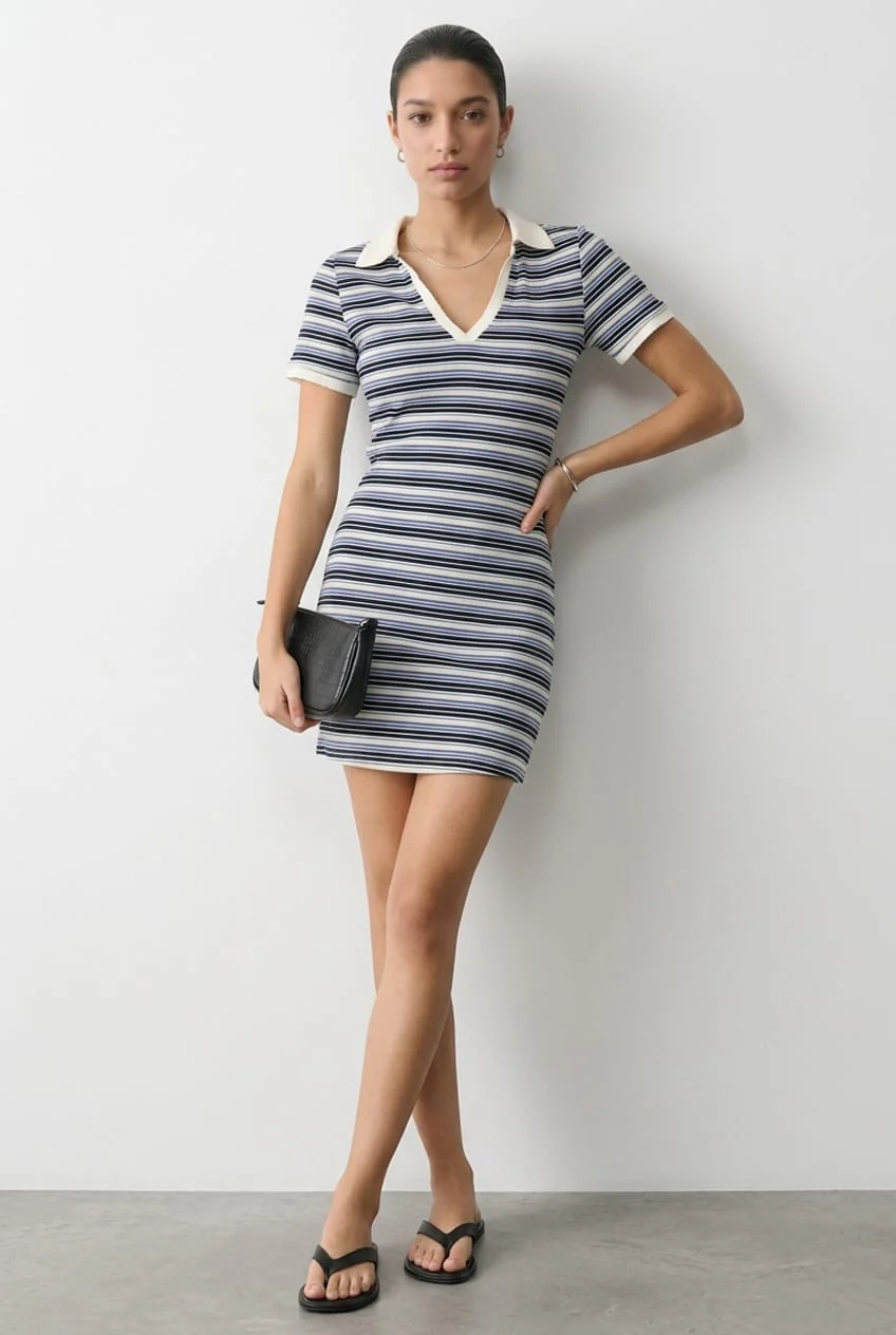 Blue Stripe Contrast Collar Short Sleeve Mini Dress