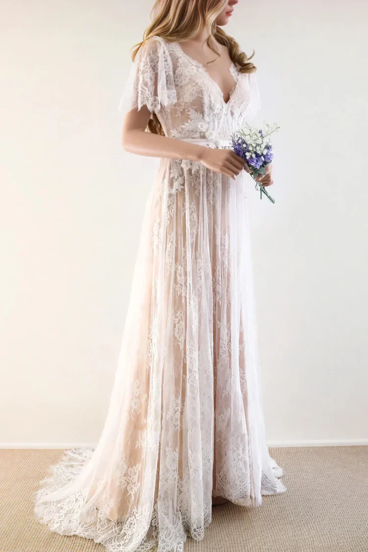 A-Line Sweep-Brush Train Lace Wedding Dress CW3511
