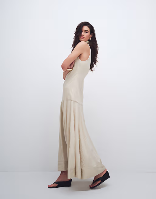 Topshop premium funnel neck dropped waist midaxi dress in natural woven stripes
