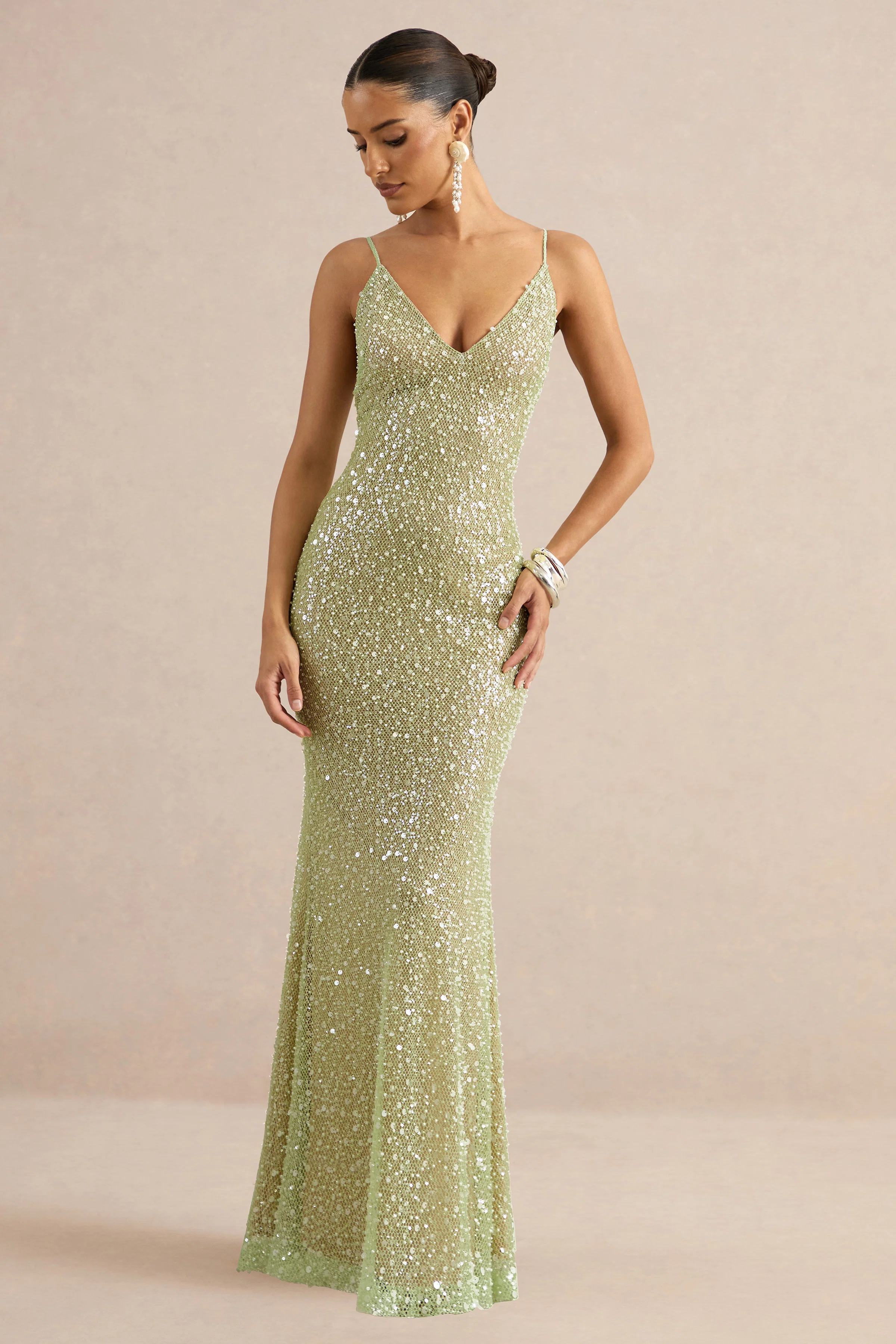 Minna | Sage Sheer Sequin Plunge-Neck Maxi Dress - FASHION NOB