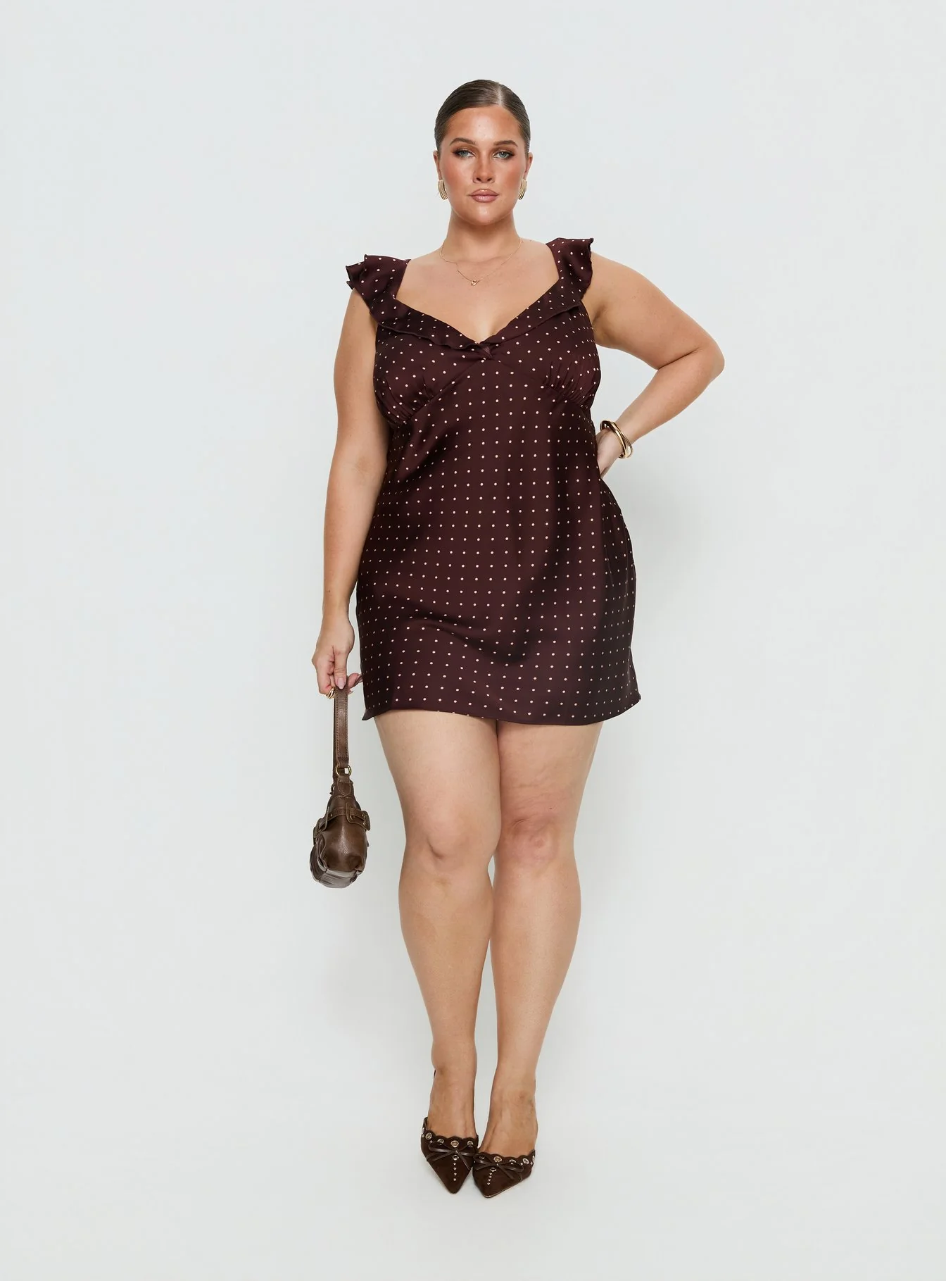 Kamillah Frill Mini Dress Burgundy Polka Dot Curve