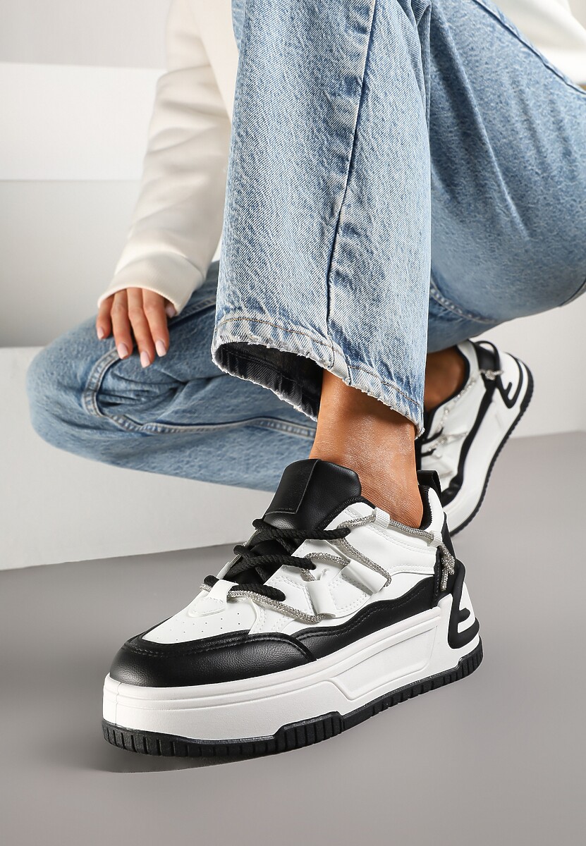 Biało-Czarne Sneakersy na Platformie z Paskiem z Cyrkonii Aneolin