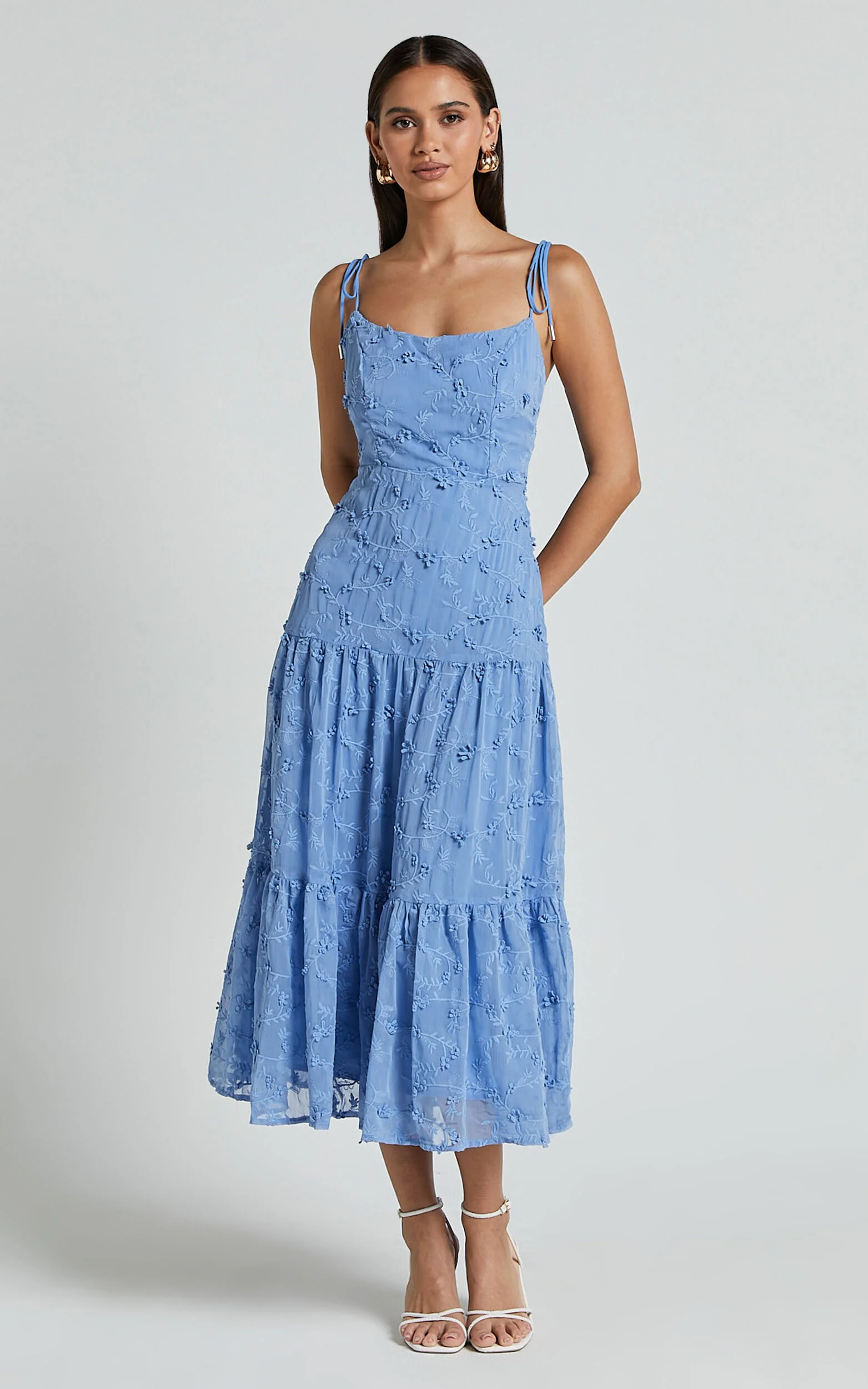 Francesca Midi Dress - Tie Shoulder Tiered Embroided Dress in Cornflower Blue