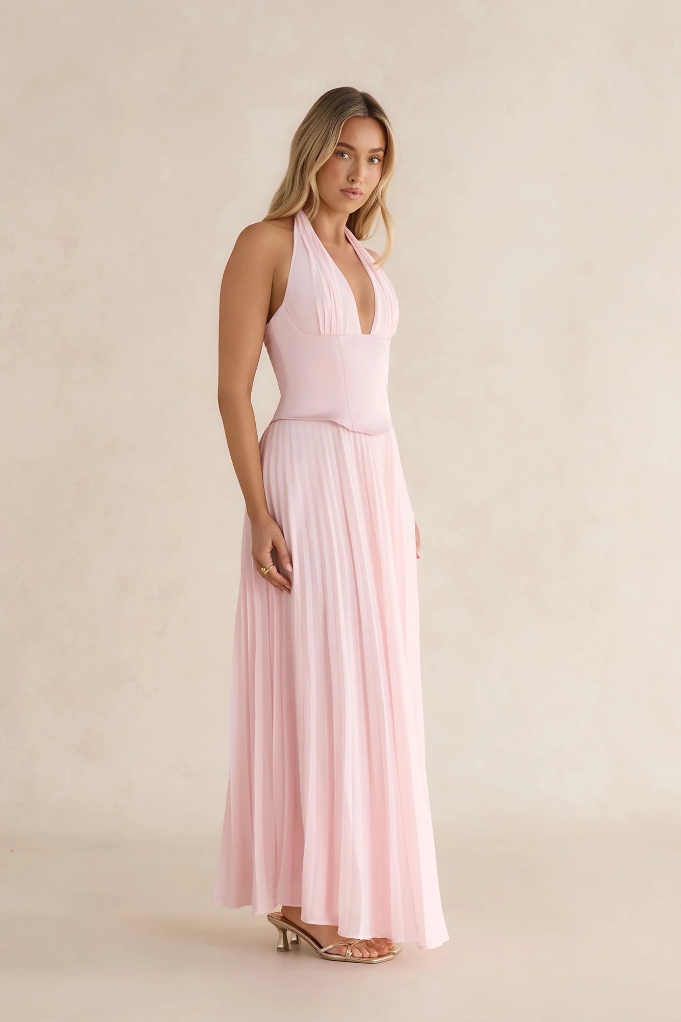 Paradise Falls Plisse Halter Maxi Dress Light Pink