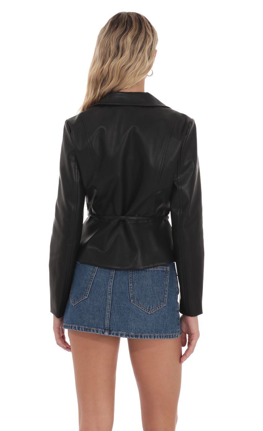 Belted Faux Leather Jacket in Black
