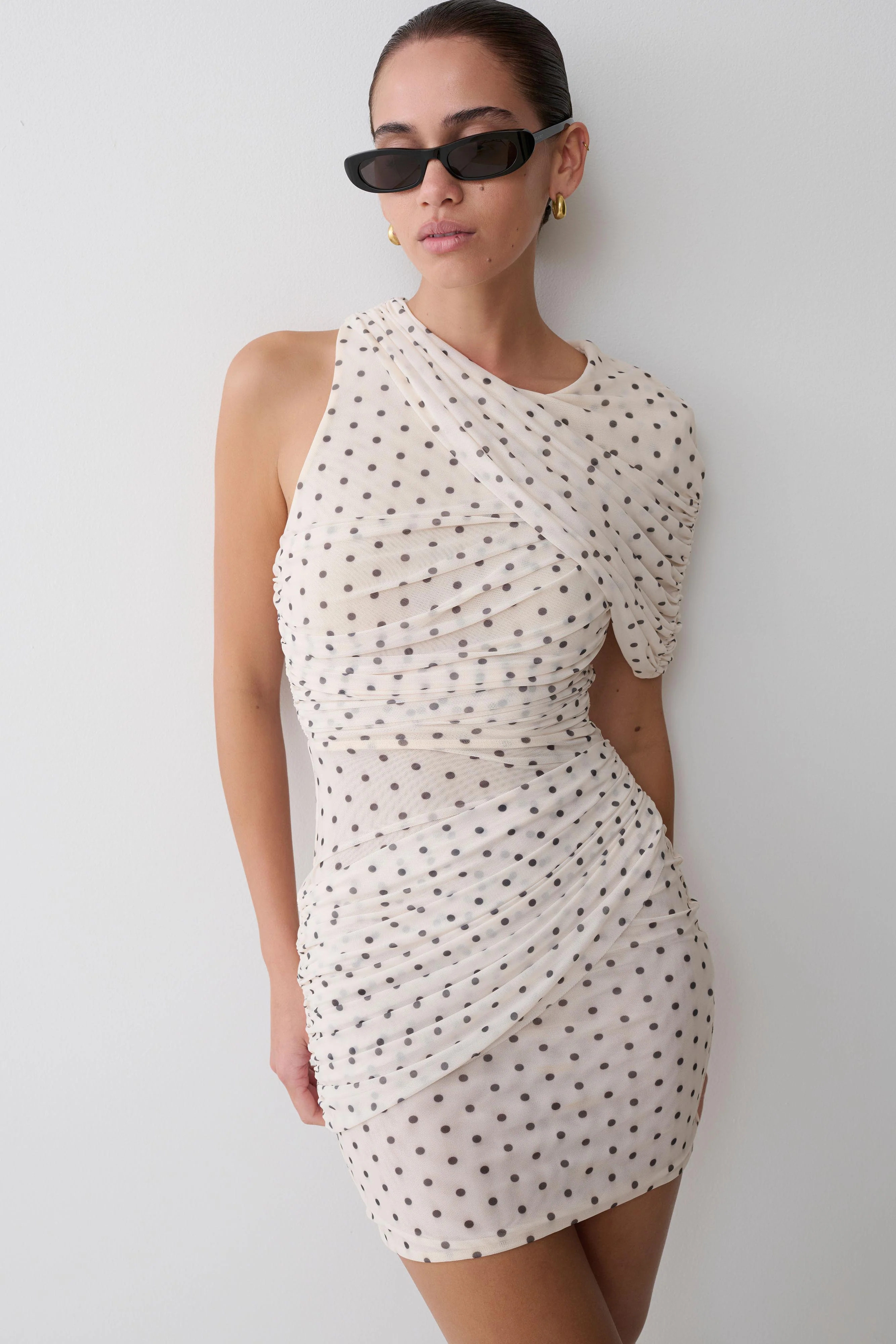 Adrienne One Shoulder Mesh Mini Dress - Polka Dot