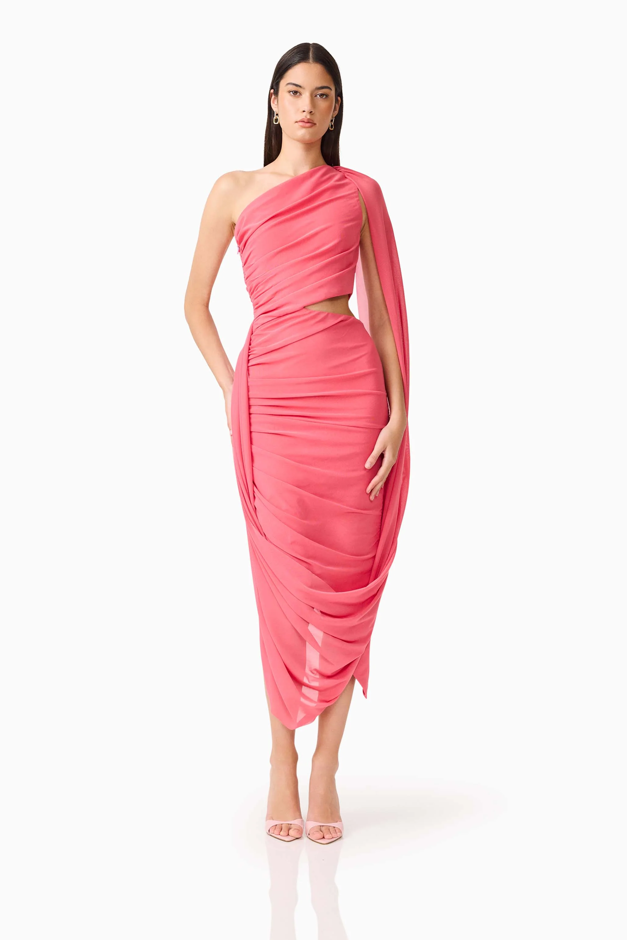 CURAAE Cleo One Shoulder Midi Dress in Pink