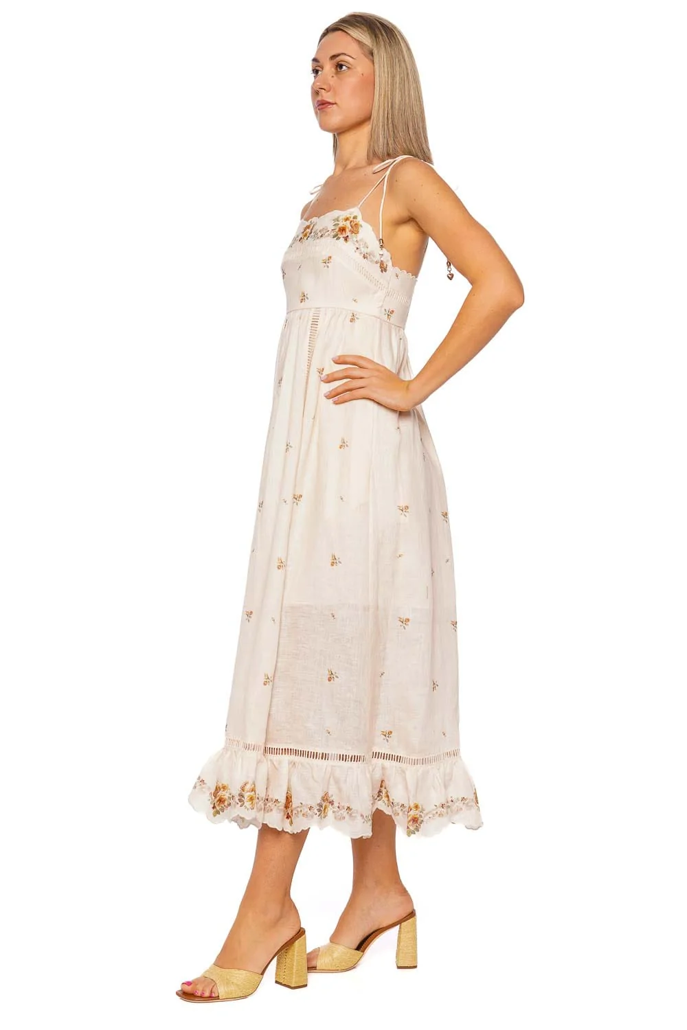 ZIMMERMANN Patience Embroidered Tie Shoulder Cami Midi Dress
