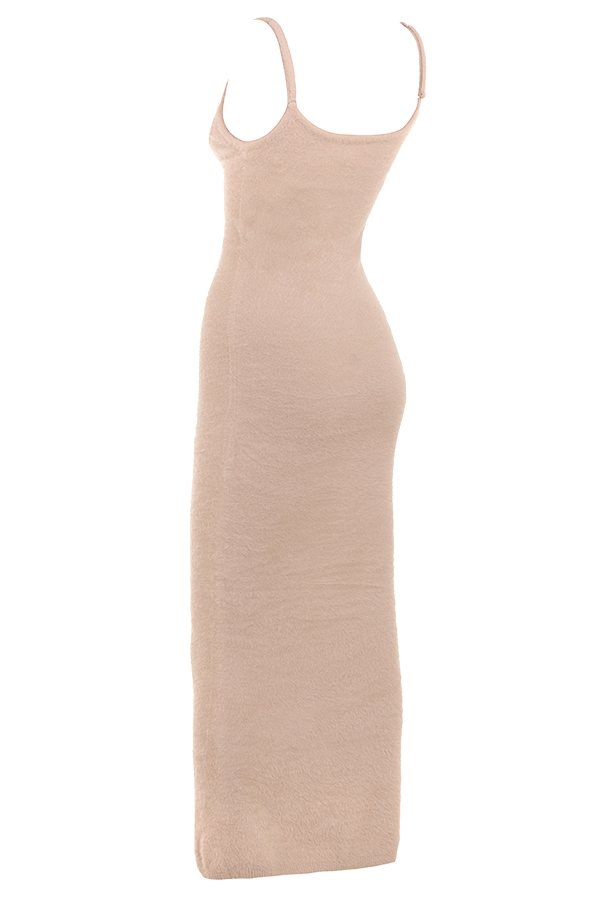 Beige Soft Fluffy Knit Maxi Dress
