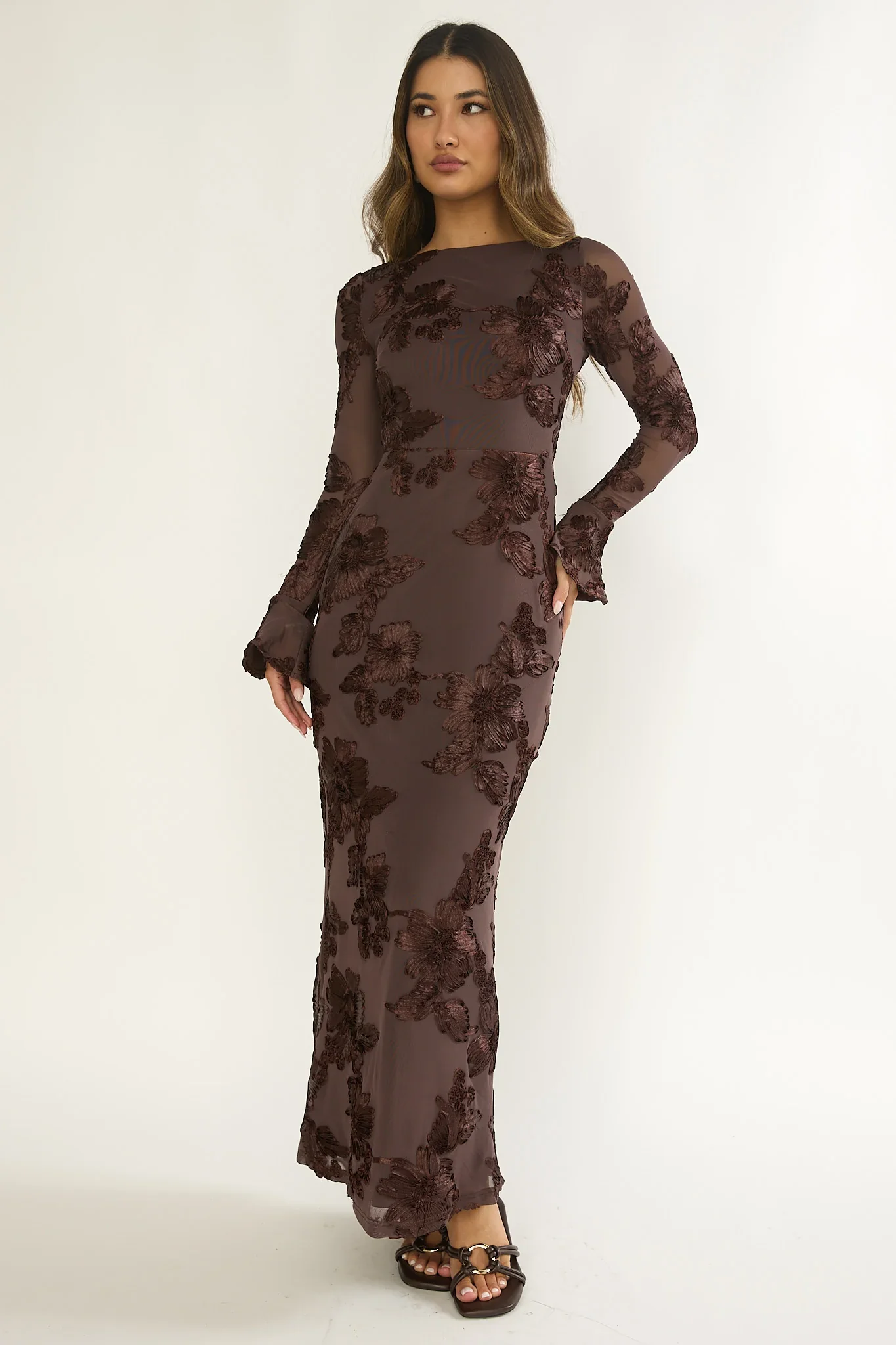 Helsi Long Sleeve Embellished Maxi Dress Brown