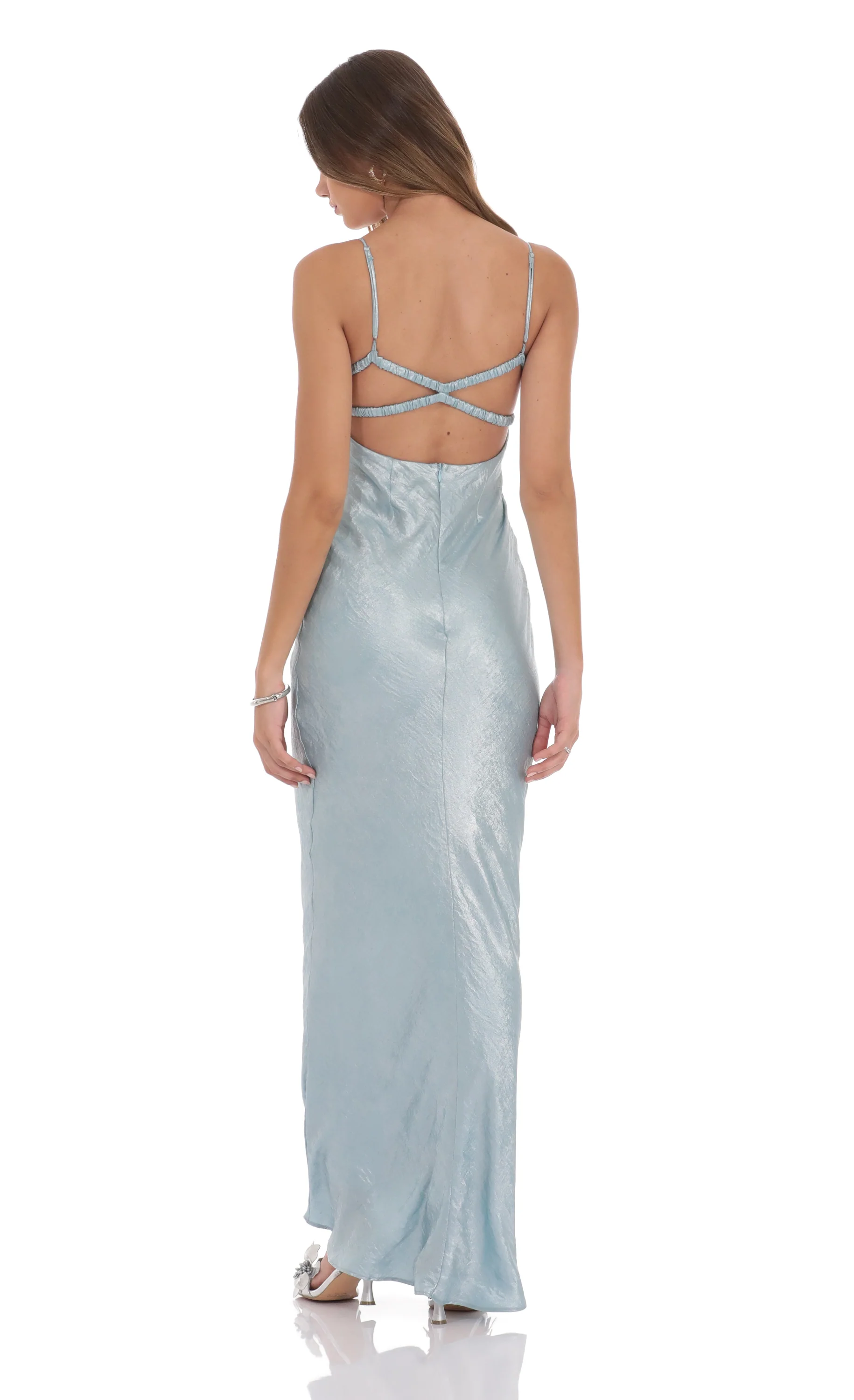 Crinkle Satin Open Back Maxi Dress in Sky Blue