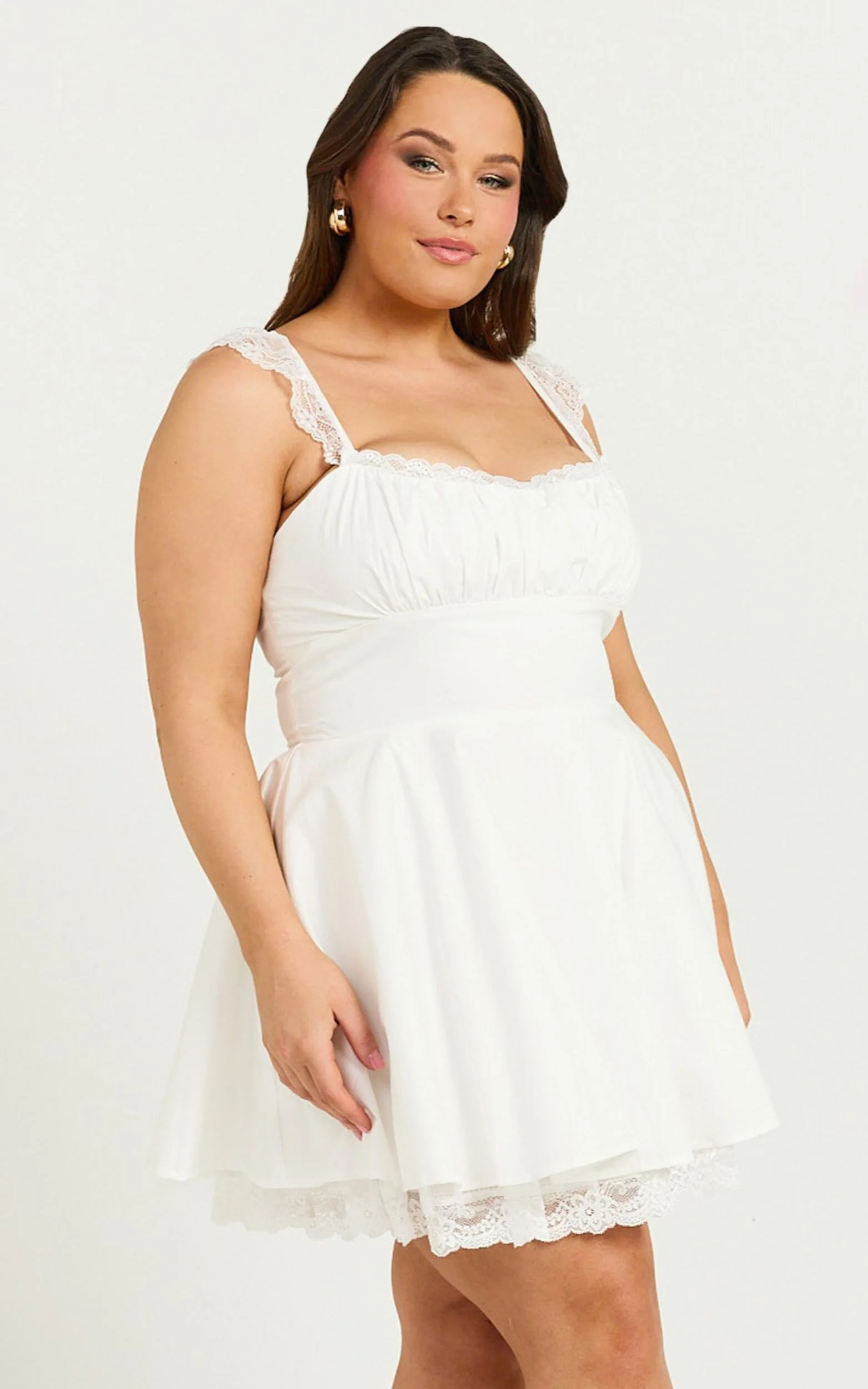 Adalee Mini Dress - Sleeveless Ruched Bodice Lace Trim Dress in Off White - luluinthesky
