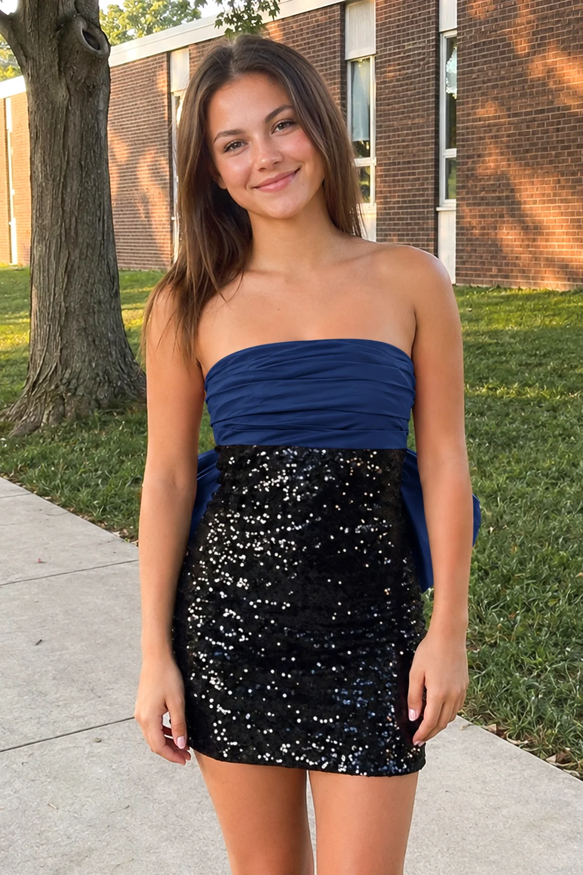 Sheath Strapless Sequined Fuchsia Black Bow Mini Party Dresses
