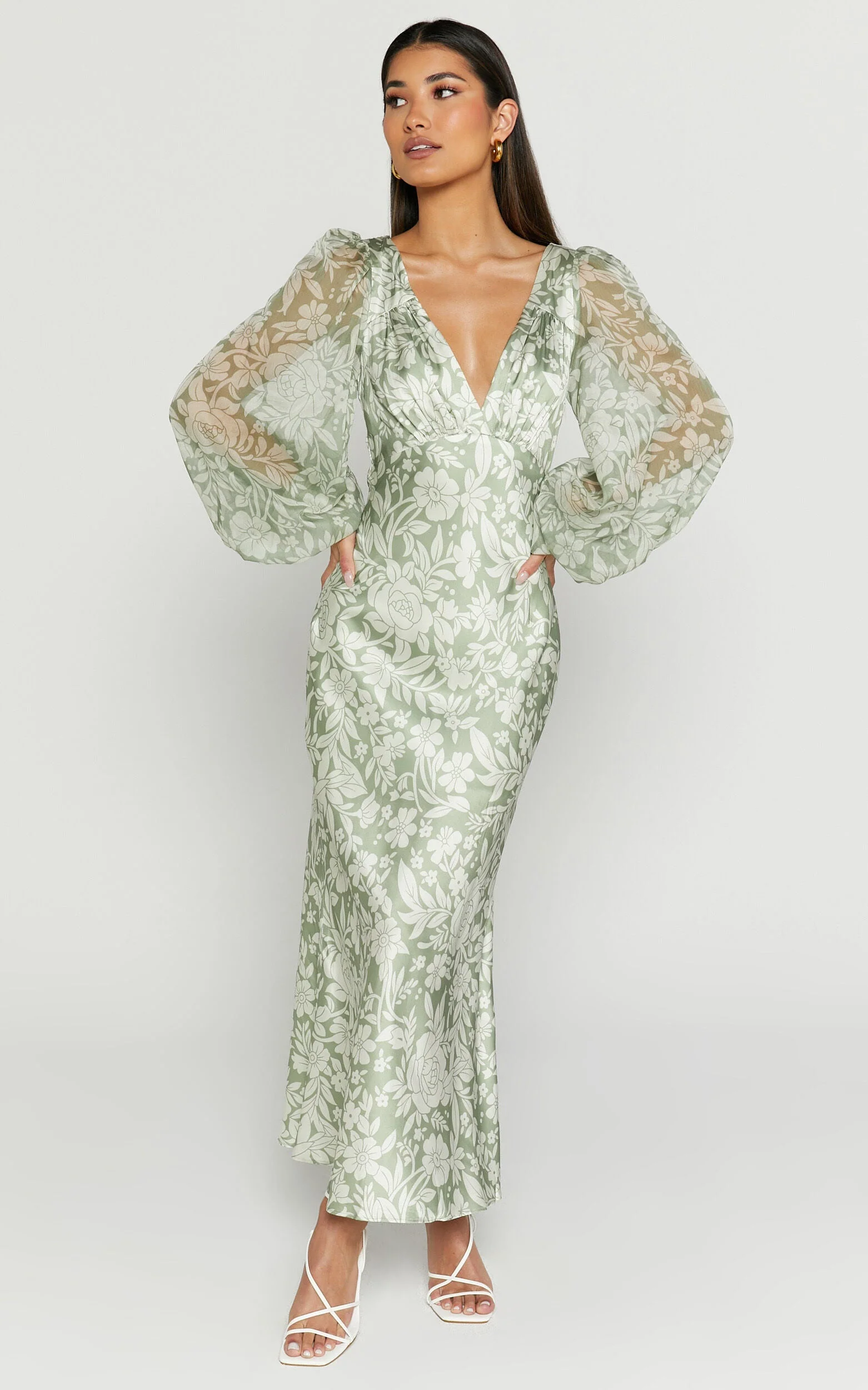 Freollyn Midi Dress - Deep V Neck Long Sleeve Dress in Sage