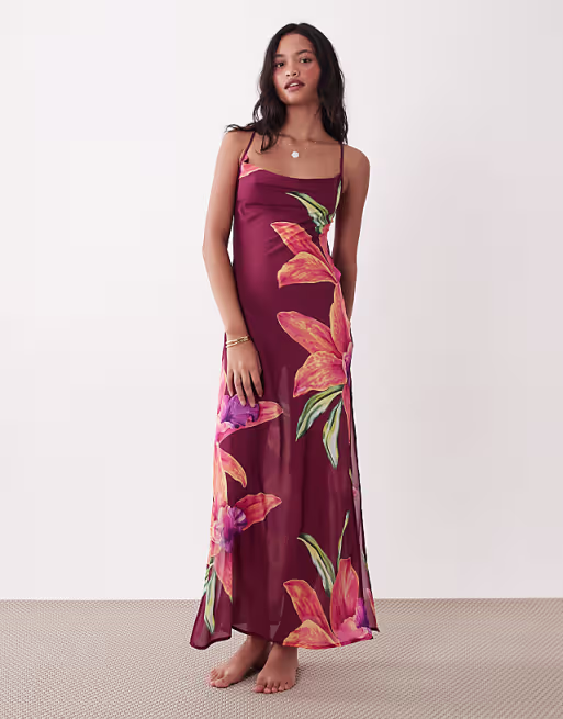 Aray sheer beach maxi dress in dark pink floral print