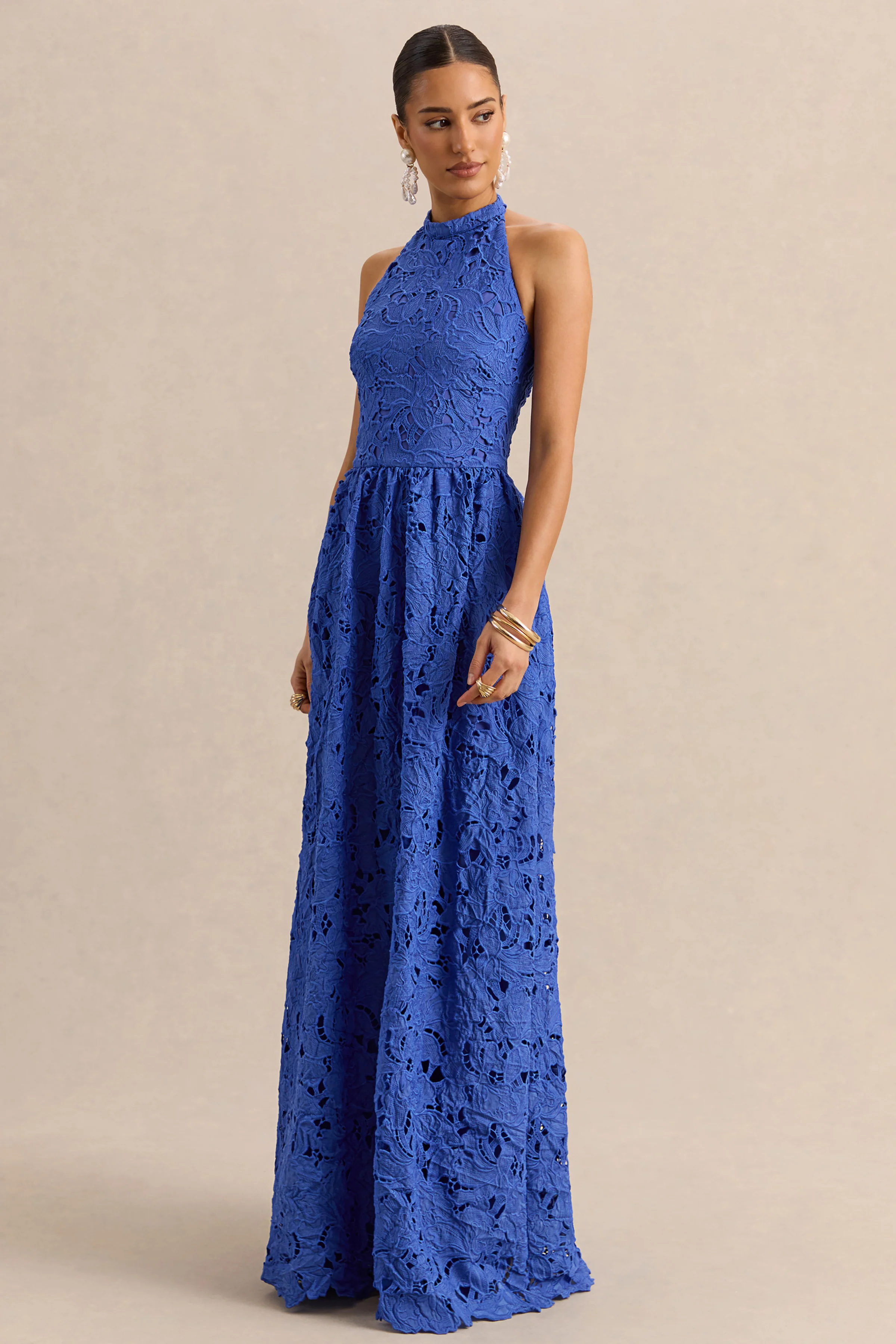 Indiana | Dark Blue Broderie Halter-Neck Maxi Dress