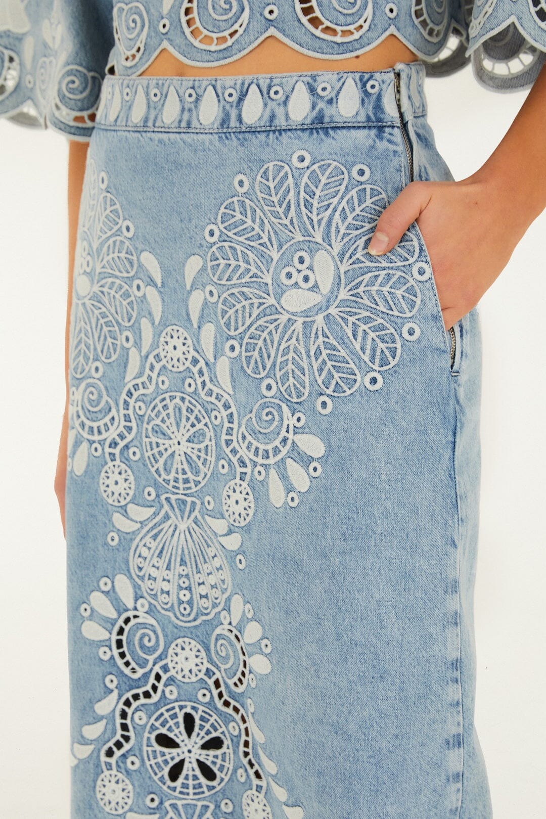 FARM Rio Denim Richelieu Wavy Hem Midi Skirt