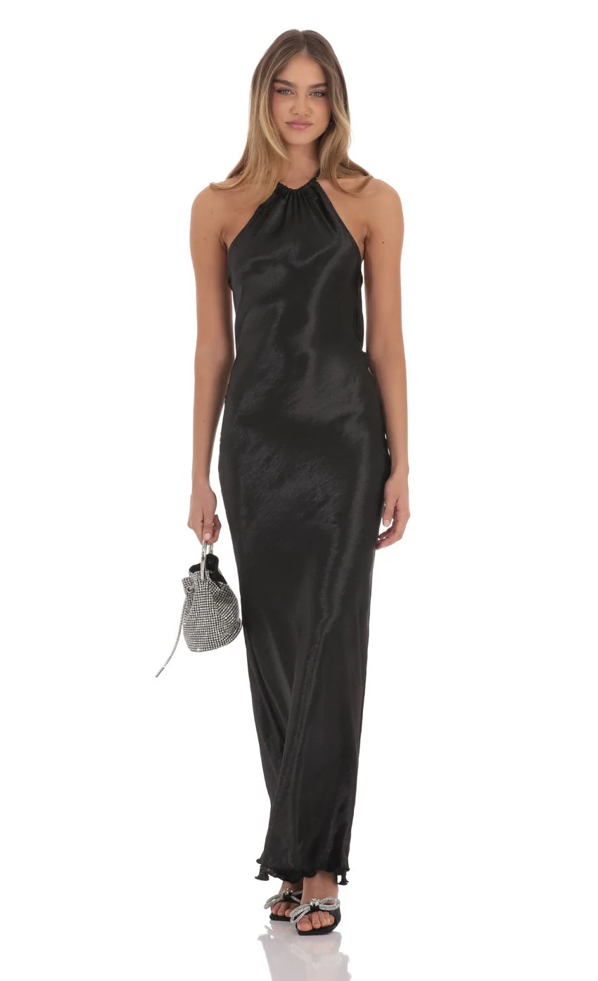 Rhinestone Satin Open Back Maxi Dress in Black