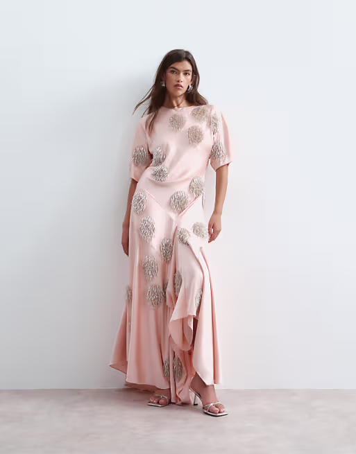 ARRANGE satin maxi dress with embellished spot in peach