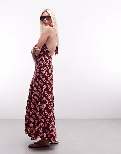 Susmie's halterneck flowing maxi dress in pink floral
