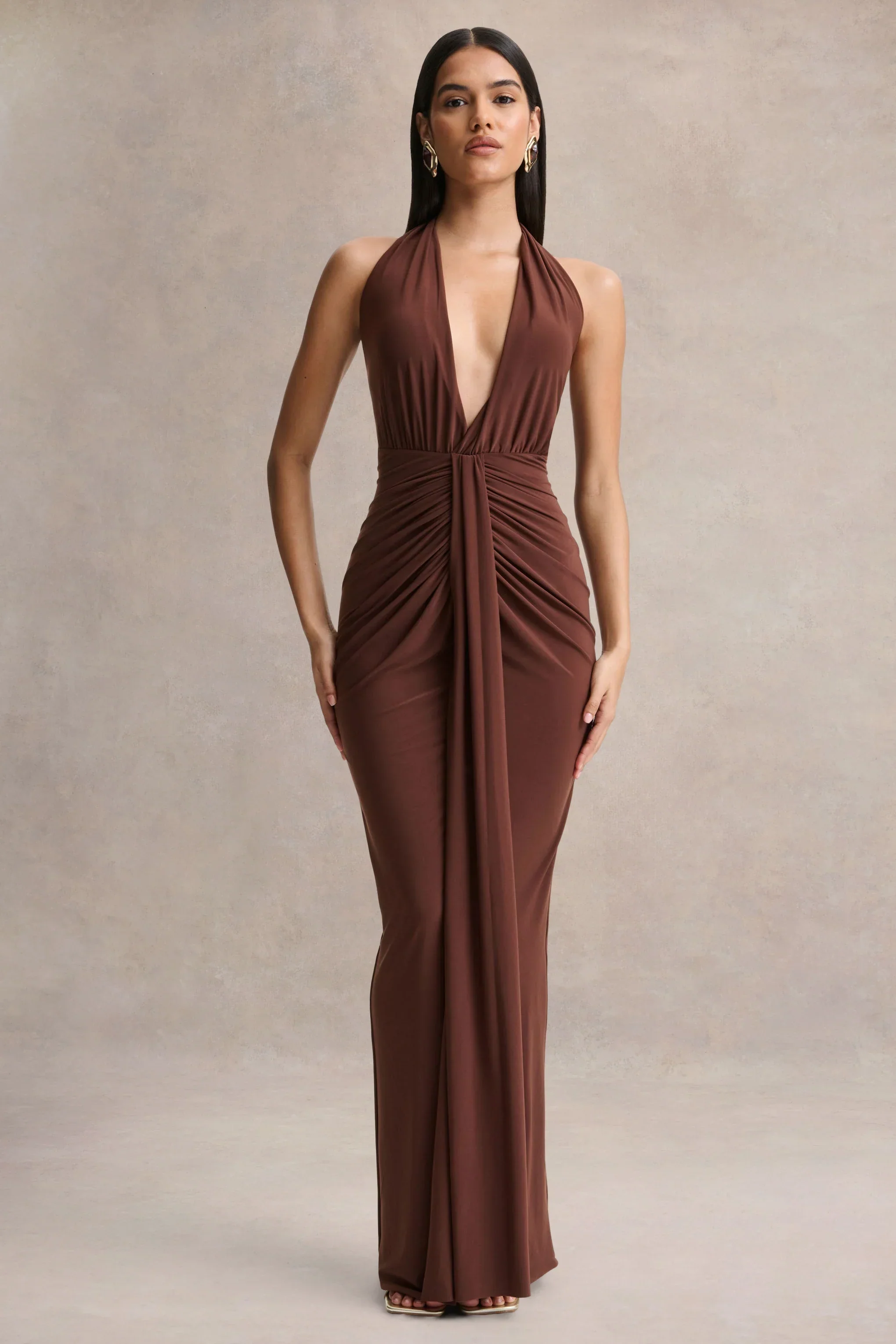 Lesley | Brown Plunge-Neck Maxi Dress