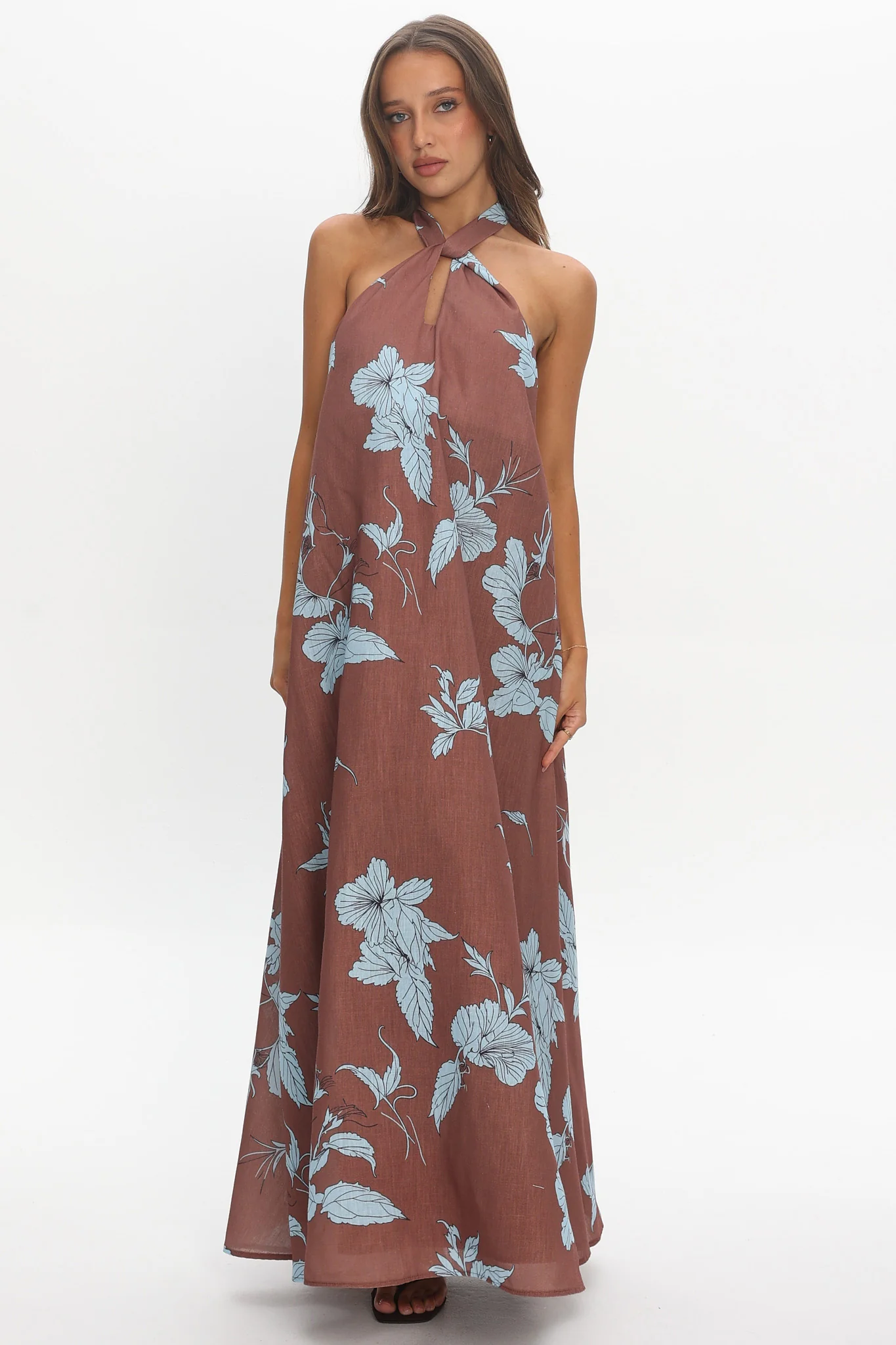 Cheer Backless Halter Maxi Dress Print Floral Chocolate - luluinthesky