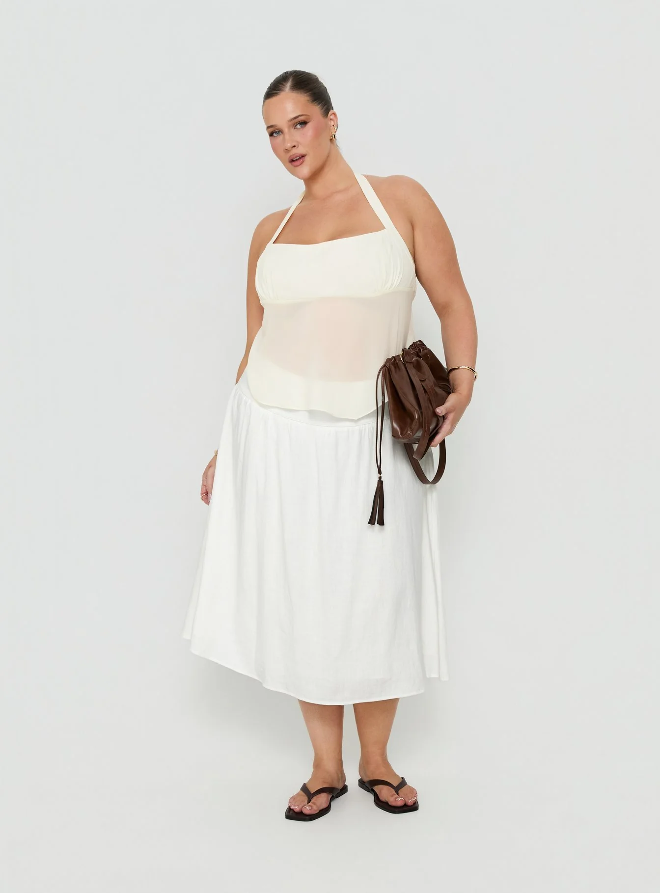 Heart Of Gold Linen Blend Midi Skirt White Curve